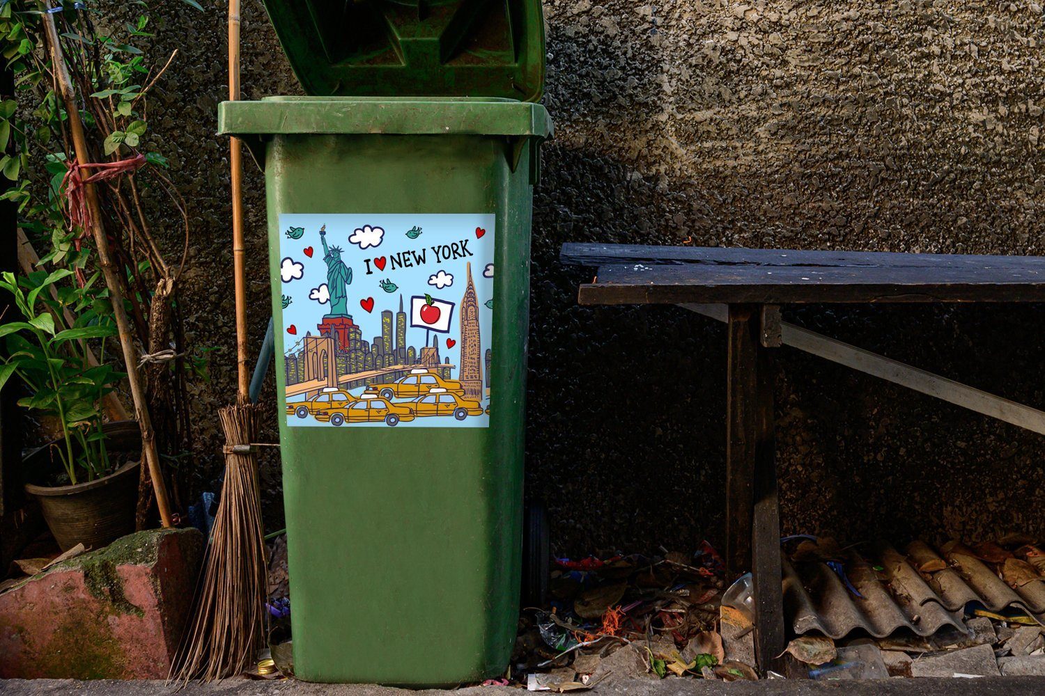 St), York (1 Zeichnung Abfalbehälter MuchoWow Sticker, Mülleimer-aufkleber, - Wandsticker New Container, - Mülltonne, Brücke