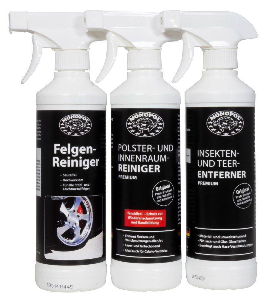 Trendyshop365 Profireiniger Auto-Reinigungsmittel (Set, [3-St. jeweils 500 ml Polster/Innenraumreiniger, Insektenentferner und Felgenreiniger)