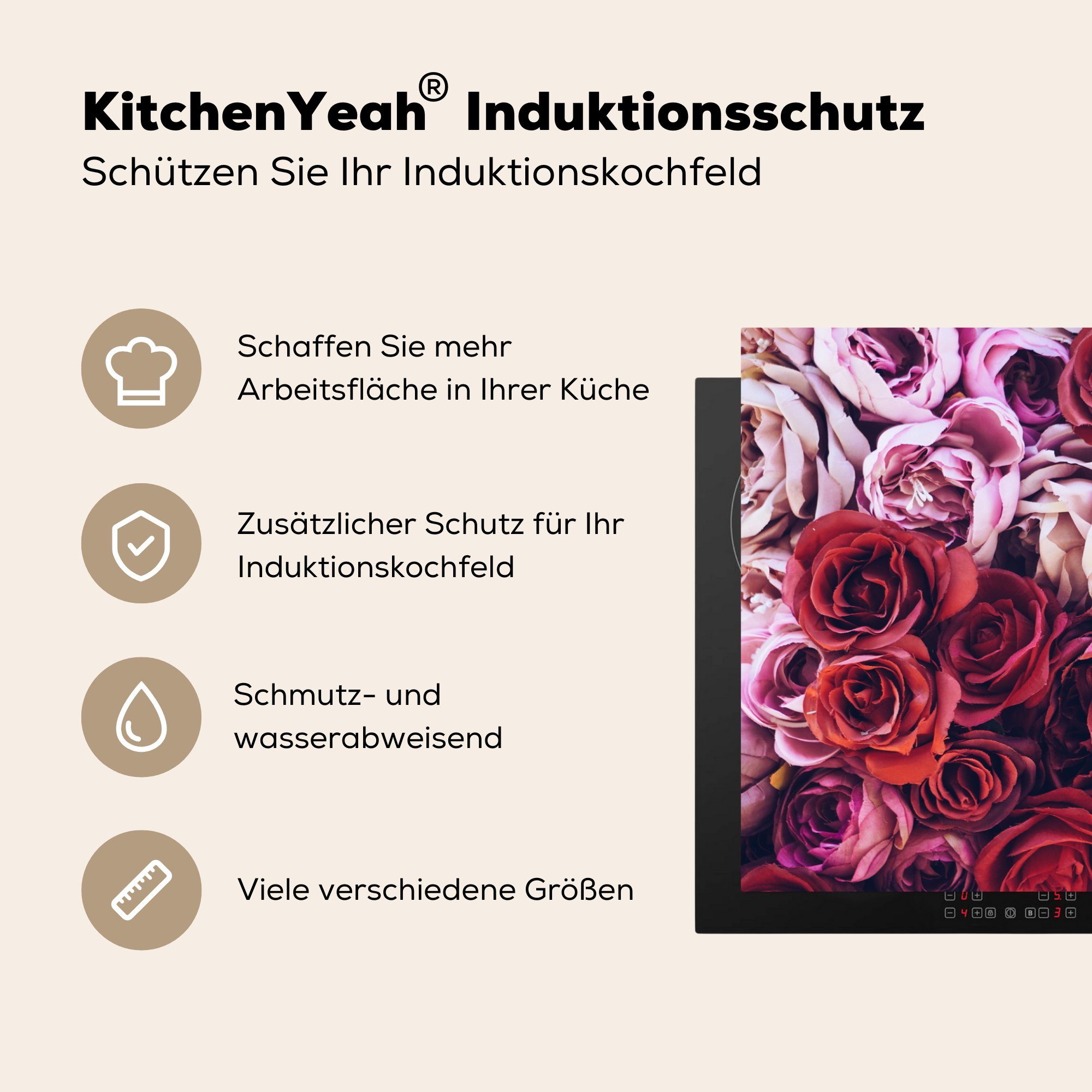 Induktionskochfeld Rosa, Herdblende-/Abdeckplatte für (1 Schutz küche, Ceranfeldabdeckung Vinyl, - cm, MuchoWow Rot die Rosen 81x52 tlg), -
