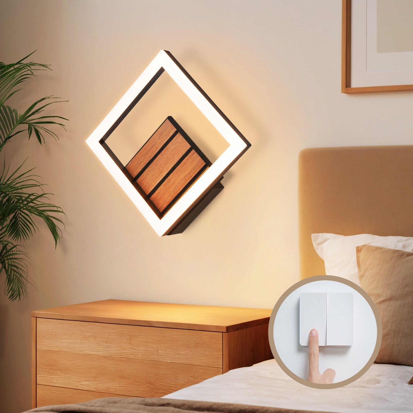 ZMH Wandleuchte Wandleuchte LED Warmweiß Quadrate Holz für Schlafzimmer & Flur 7W, LED fest integriert, Warmweiß, 360 Grad drehbar