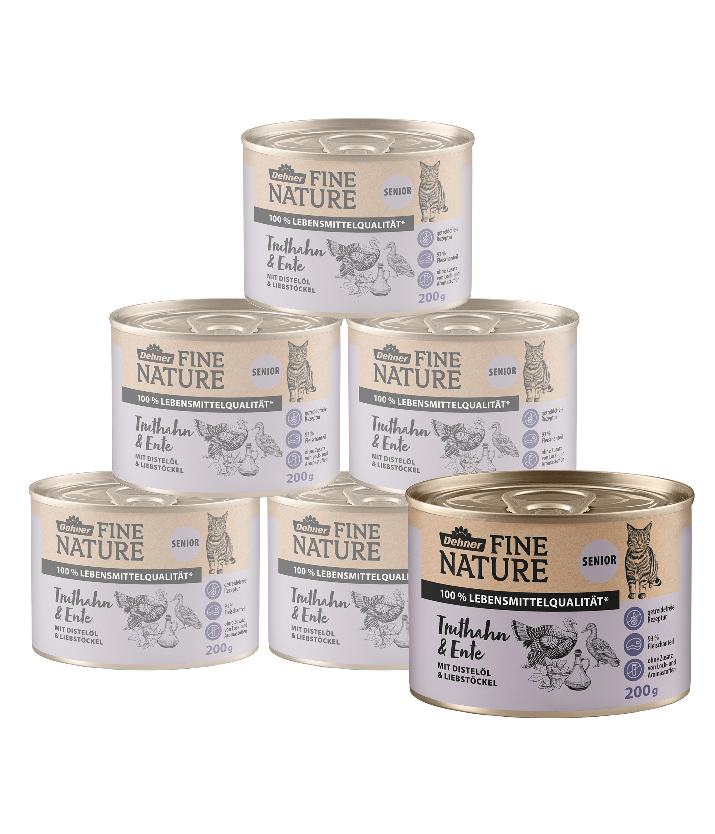 Dehner Fine Nature Senior Truthahn / Ente, 6 x 200 g / 400 g Dose Truthahn, Nassfutter für: Katze, Nassfutter für ältere Katzen, getreidefrei