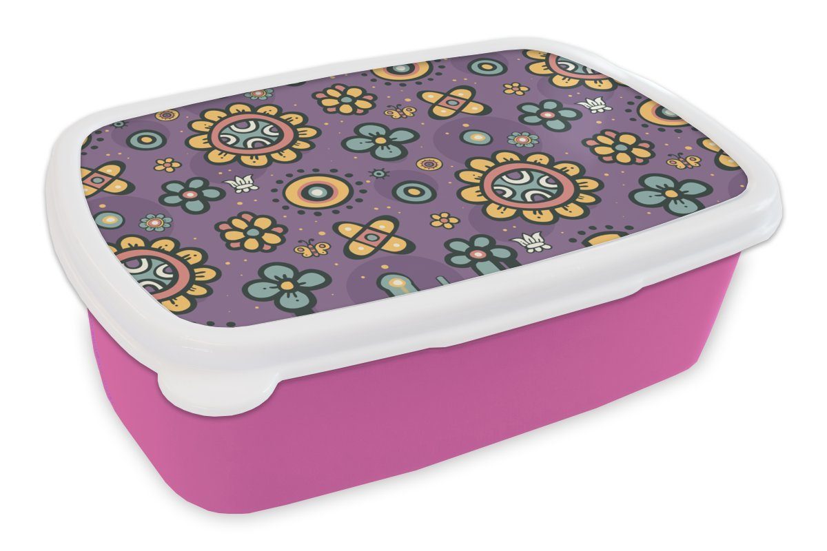 MuchoWow Lunchbox Mädchen - Schmetterling - Pflanzen - Muster - Mädchen - Kinder -, Kunststoff, (2-tlg), Brotbox für Erwachsene, Brotdose Kinder, Snackbox, Mädchen, Kunststoff rosa