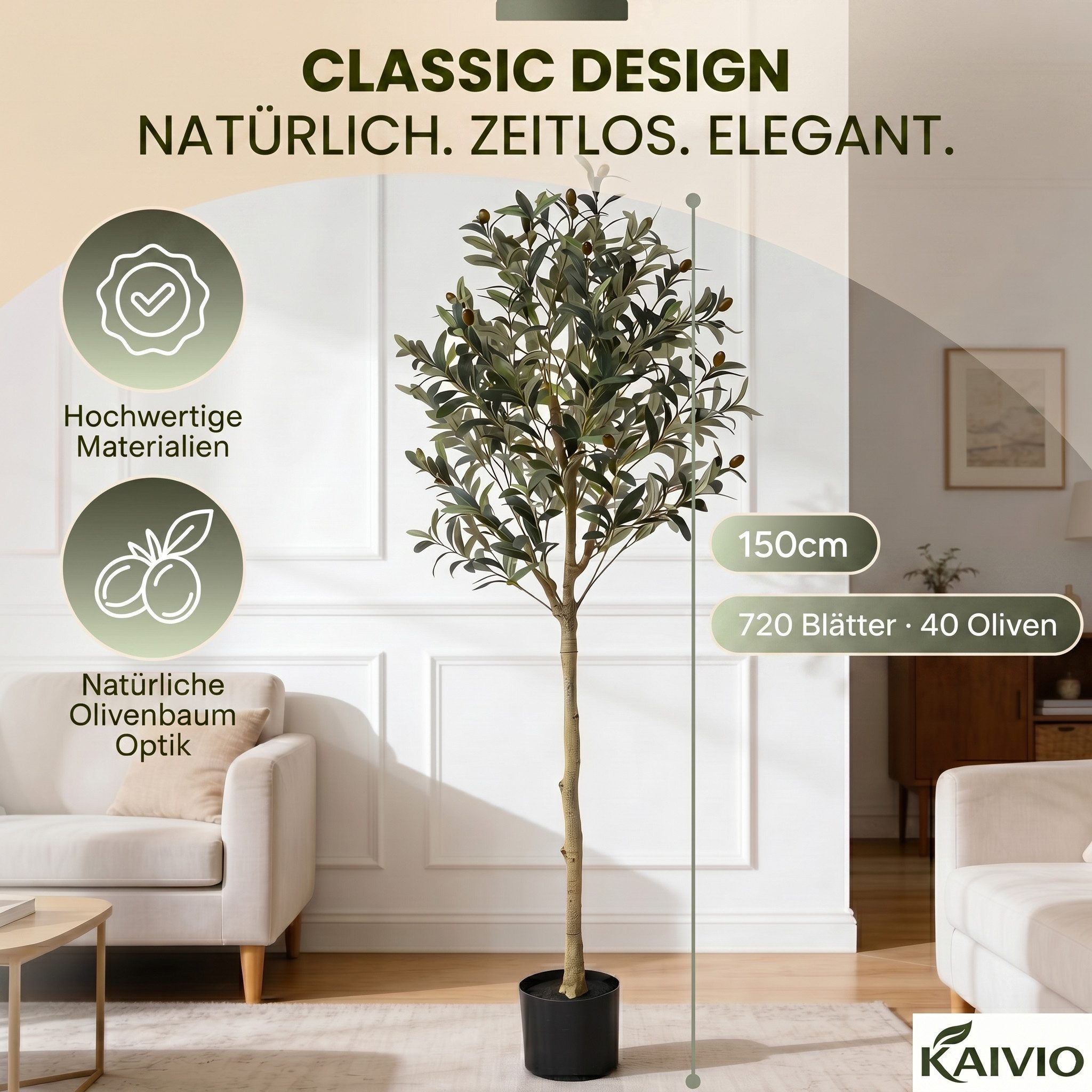 Kunstbaum KAIVIO Künstlicher Olivenbaum 150 cm Classic, Kaivio, Höhe 150 cm, Naturgetreue Optik mit 720 Blättern und 40 Oliven – Bild 3 von 5