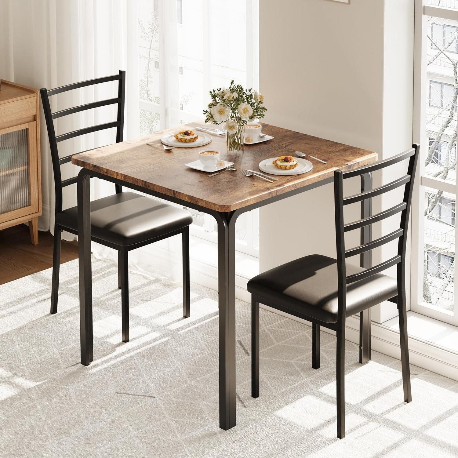 LuxusKollektion Küchentisch Küchentisch Set 3teilig Esstisch 2 Stühle gepolstert Braun