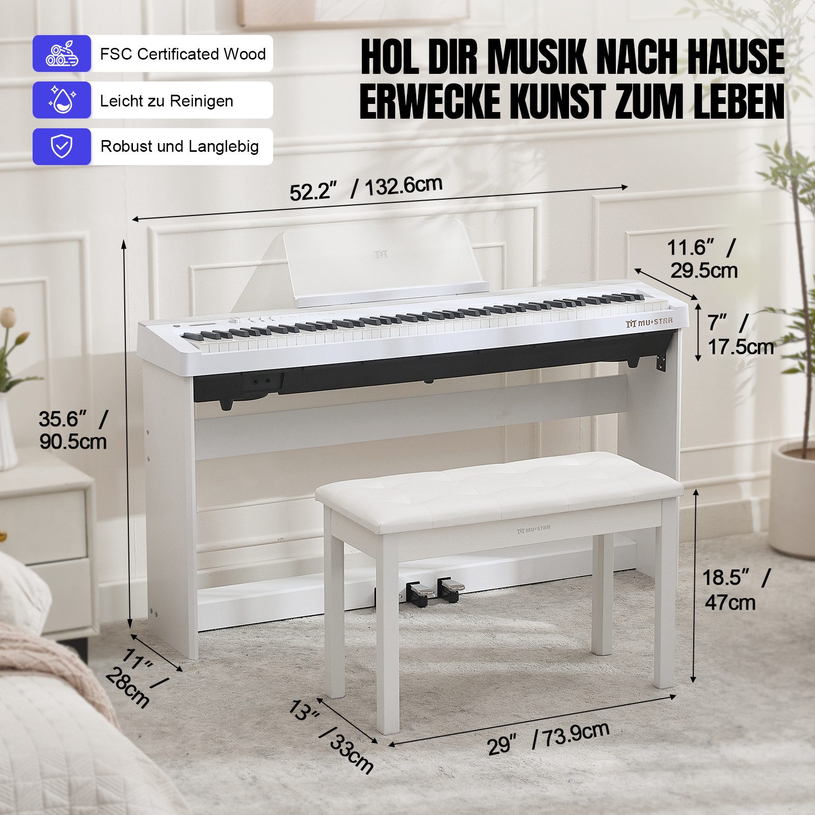 MUSTAR Digitalpiano mit Hammermechanik, 3 Pedalen & USB/MIDI, 88-Tasten (2-St., mit Klavierbank), 3 Pedale Adapter, Dual Transpose-Funktion, Hammermechanik
