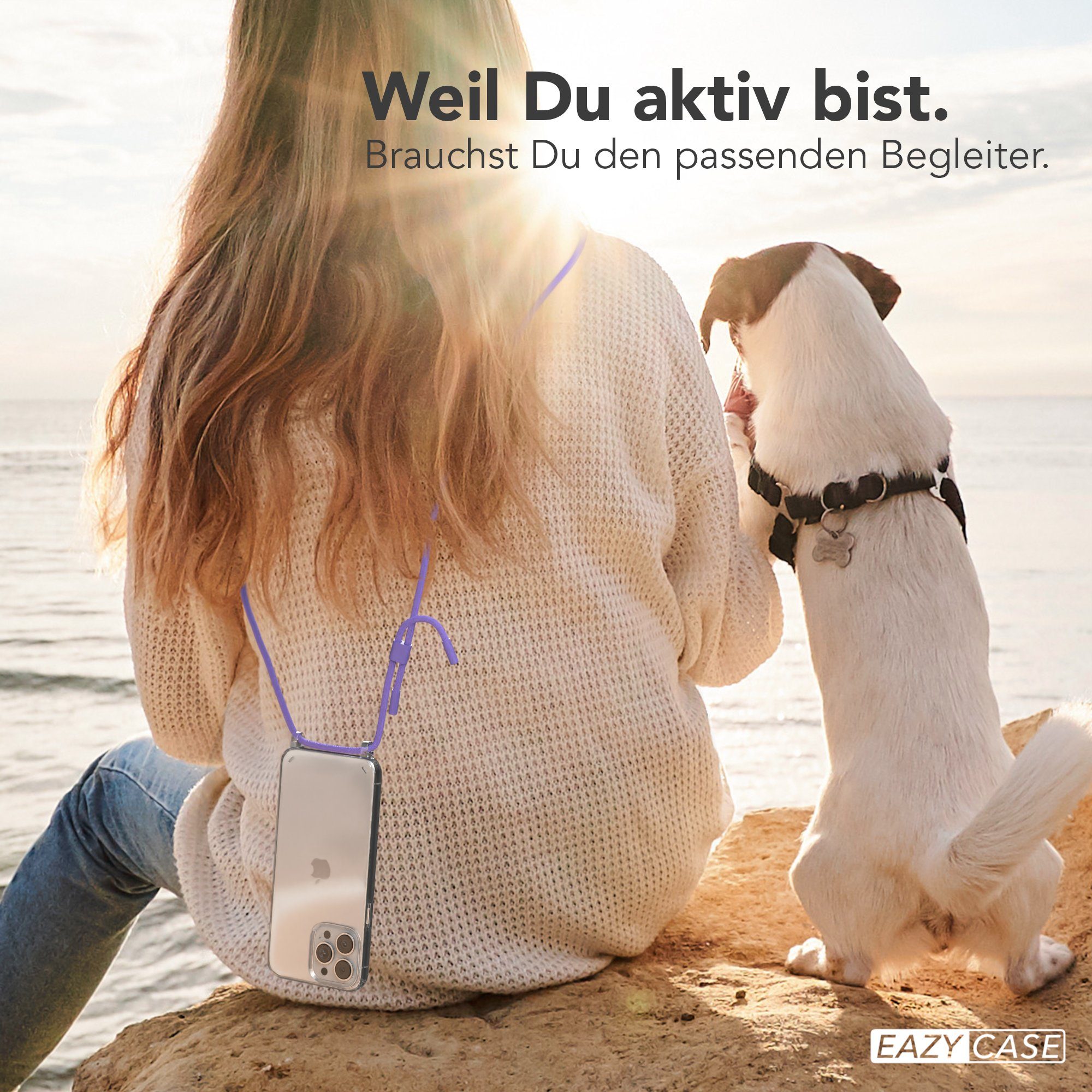 EAZY CASE Handykette Silikon Kette Unifarbe für iPhone 13 Pro Max 6,7 Zoll, Ketten Kordel Transparent Case abnehmbare Handyhülle Flieder Lila Gold