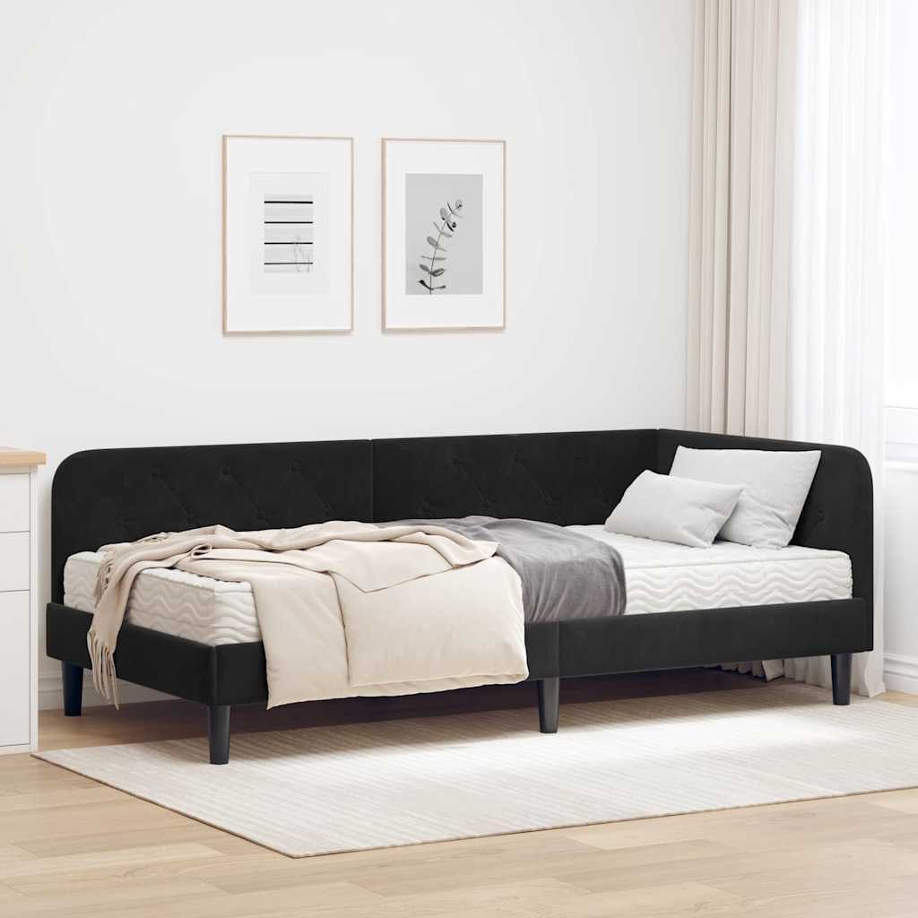 furnicato Daybed Eckbettgestell 90 x 200 cm Schwarz, Inklusive Matratze Tagestbett mit umkehrbarem Kopfteil für innen