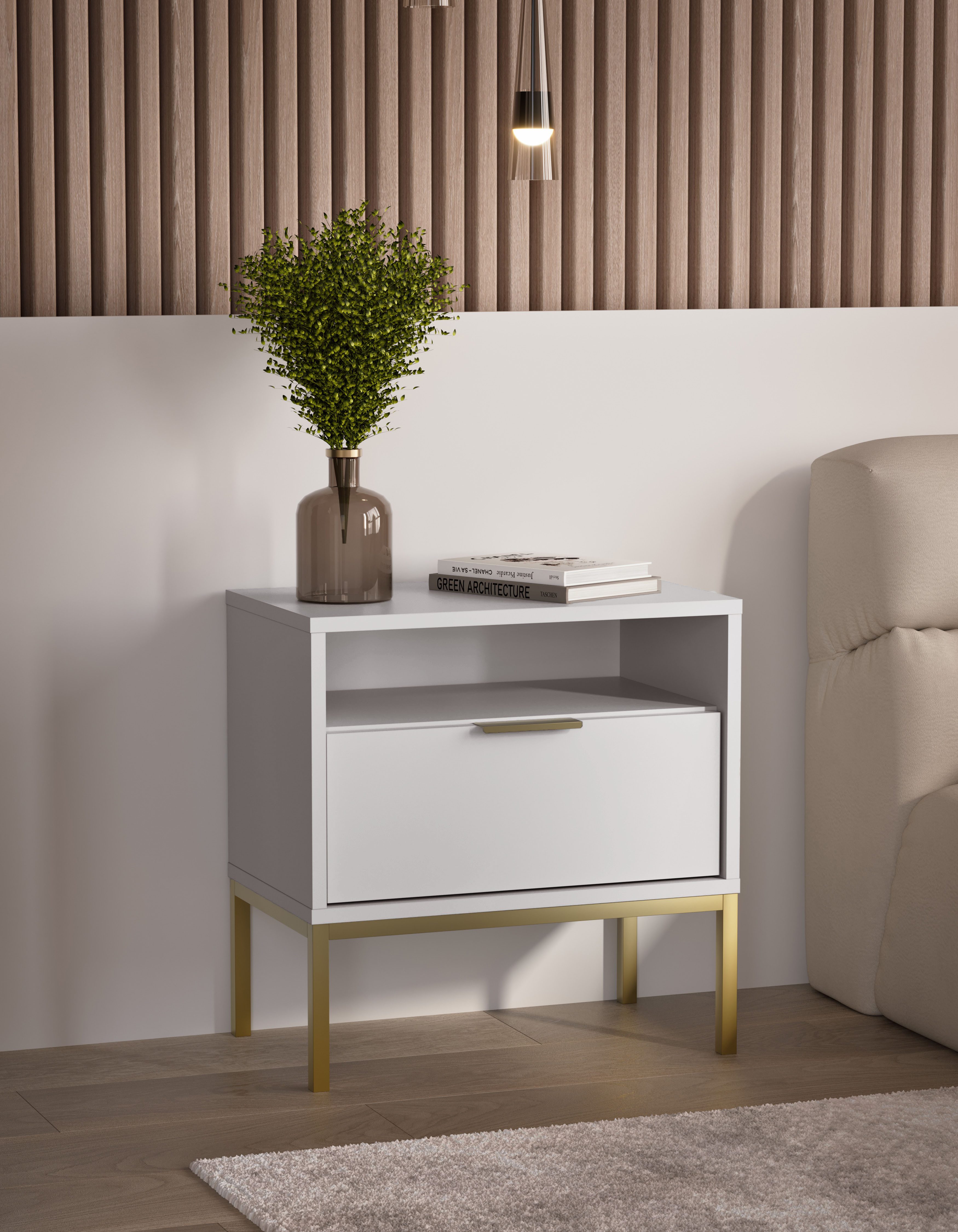 Bjird Nachtschrank Nachttisch mit Schublade und offenem Fach – Nachtkommode 55x56,4x33 cm Schublade mit Vollauszug und Soft-Close für geräuschloses Спрятать.