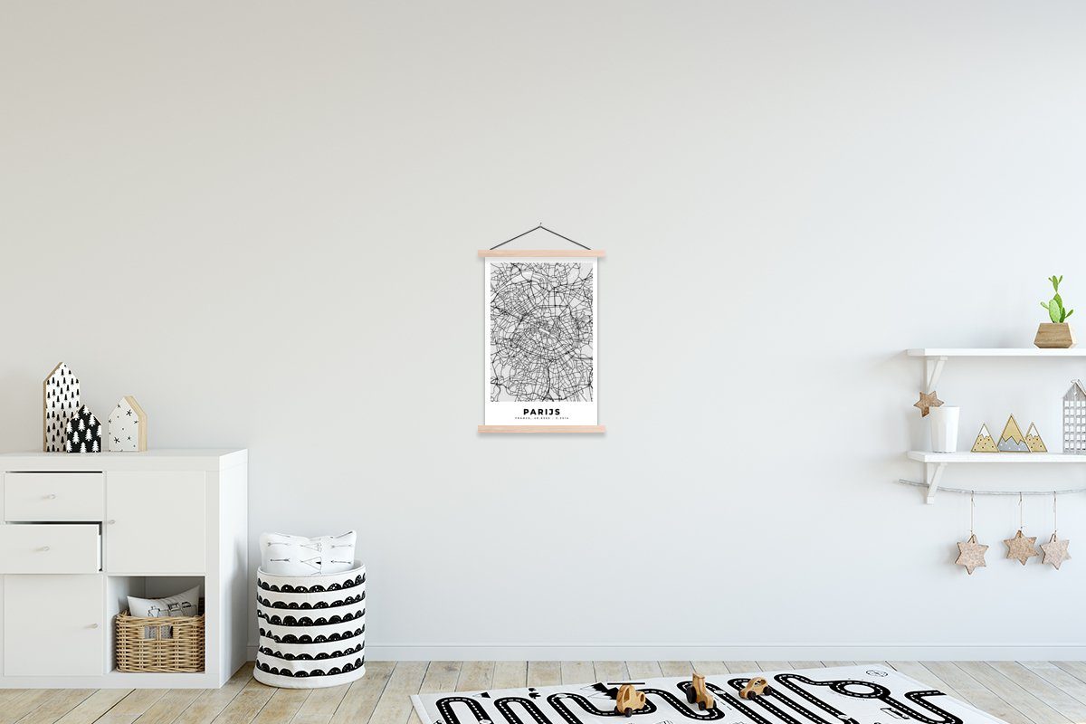 MuchoWow Poster Paris - Stadtplan - Schwarz und weiß - Karte, (1 St), Posterleiste, Textilposter für Wohnzimmer, Bilderleiste, Magnetisch