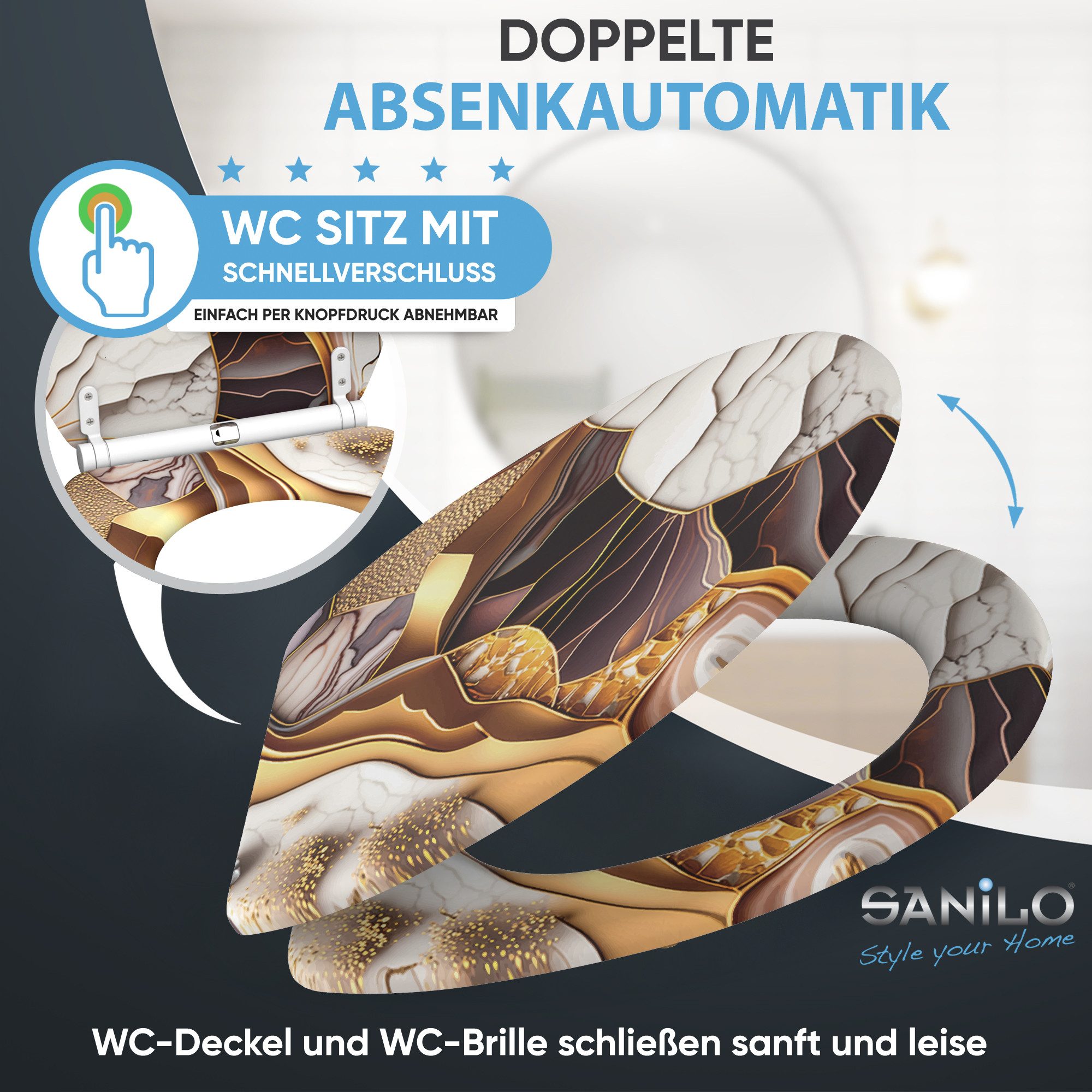Sanilo WC-Sitz Marmor Gold mit Absenkautomatik & Quick Release, Premium Toilettendeckel, abnehmbar, leichte Montage von oben