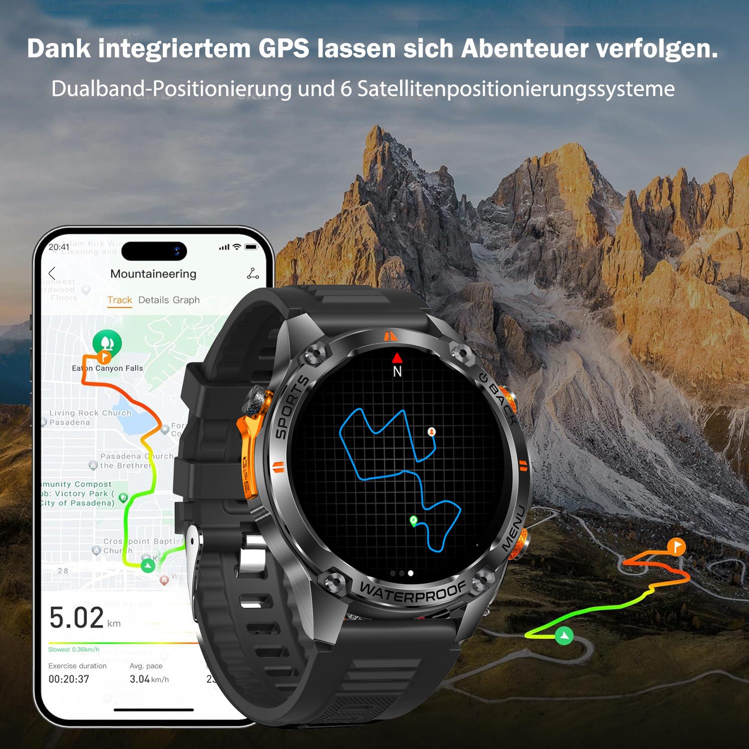ANYSUN Smartwatch Herren Damen mit GPS, 1,43" AMOLED für den Outdoor-Einsatz Smartwatch (1,43 Zoll) Sportuhr mit 100+ Sportmodi-Puls-Schlaf-Schritte-Kalorien-Kilometer-Monitor, 5 ATM wasserdicht Fitnessuhr für Android iOS schwarz