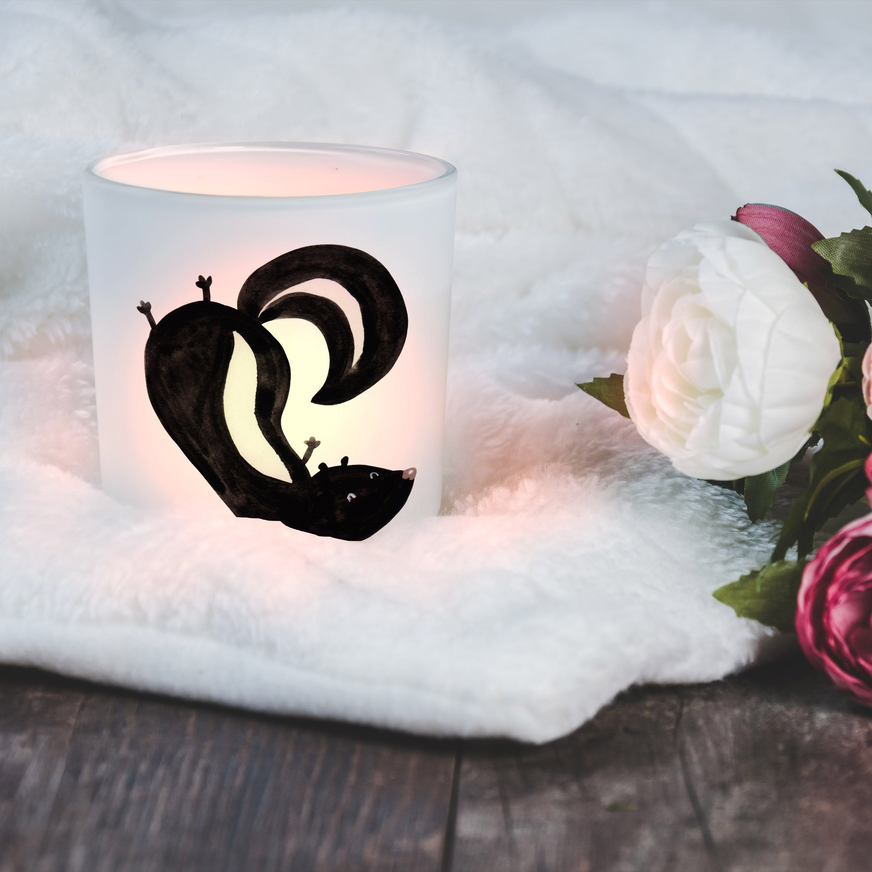 Skunk, Stinktier Mrs. Panda Sti (1 Kerzenglas, Transparent Handstand Windlicht & Mr. - Geschenk, St) -