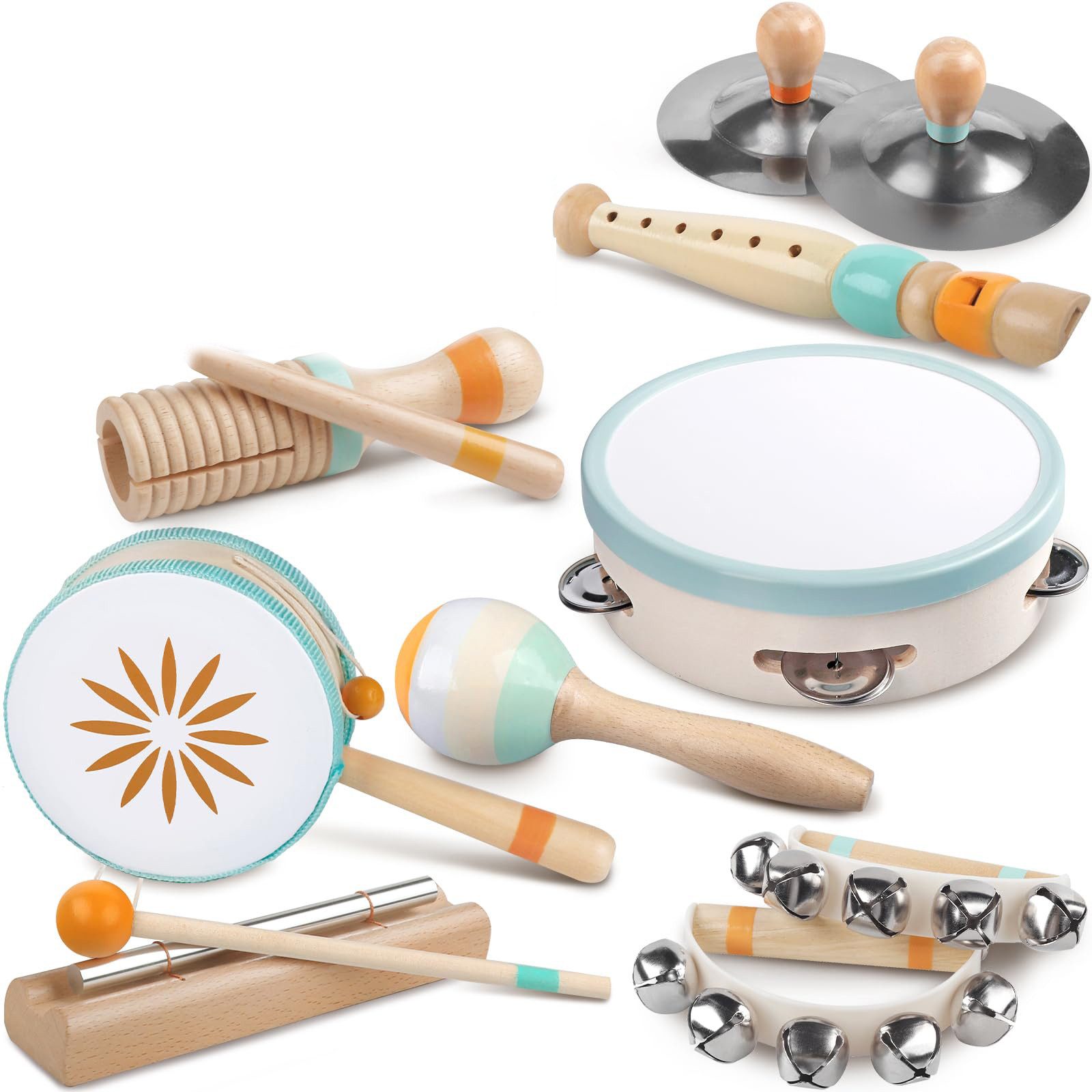 Flintry Spielzeug-Musikinstrument Montessori Spielzeug 8 teiliges Kinder Percussion Se Starter-Set, Montessori- Ideal für Kindergarten und Musikalische Früherziehung