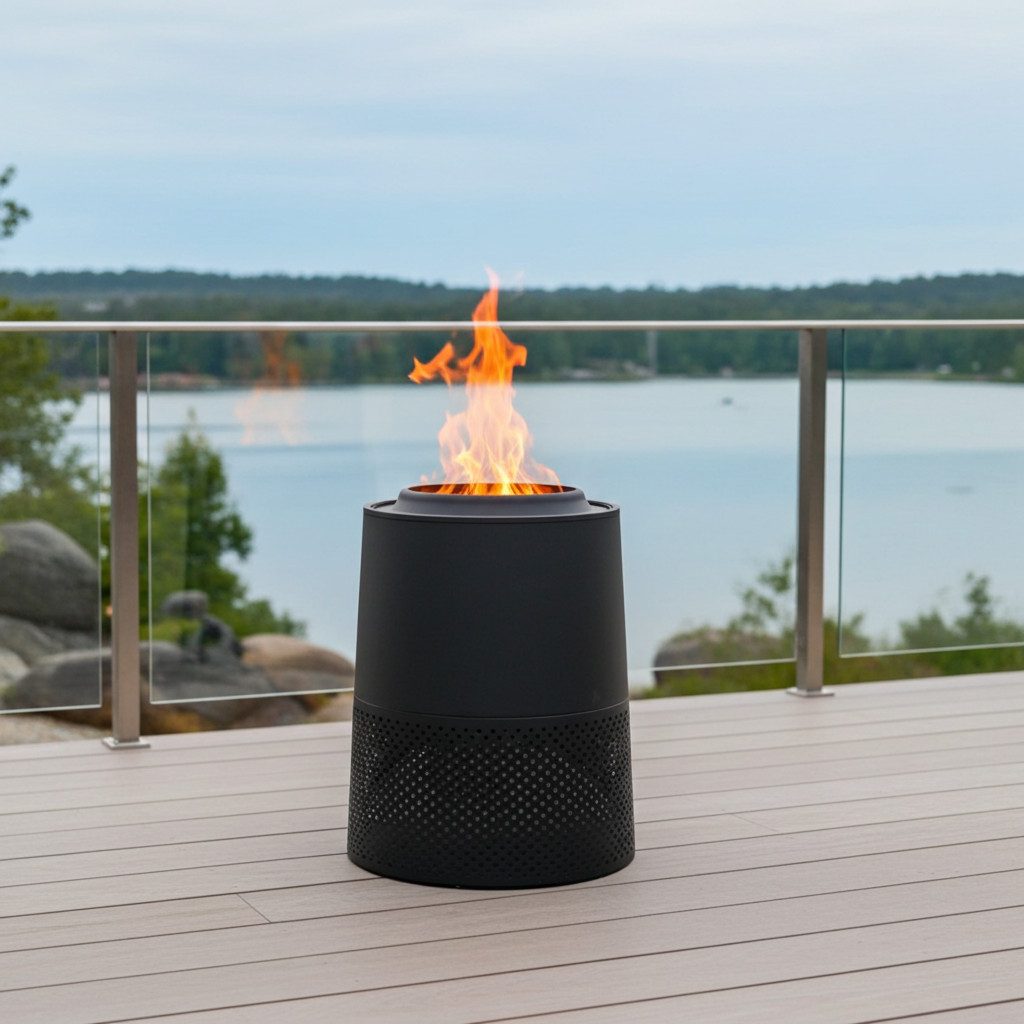 Edenoutdoor Feuerstelle Feuerstelle Raucharm Doppelwandig Feuerfass Schwarz Holz Pellets 58cm, inkl. Ring, 58,0 x 58,0 x 74,5 cm