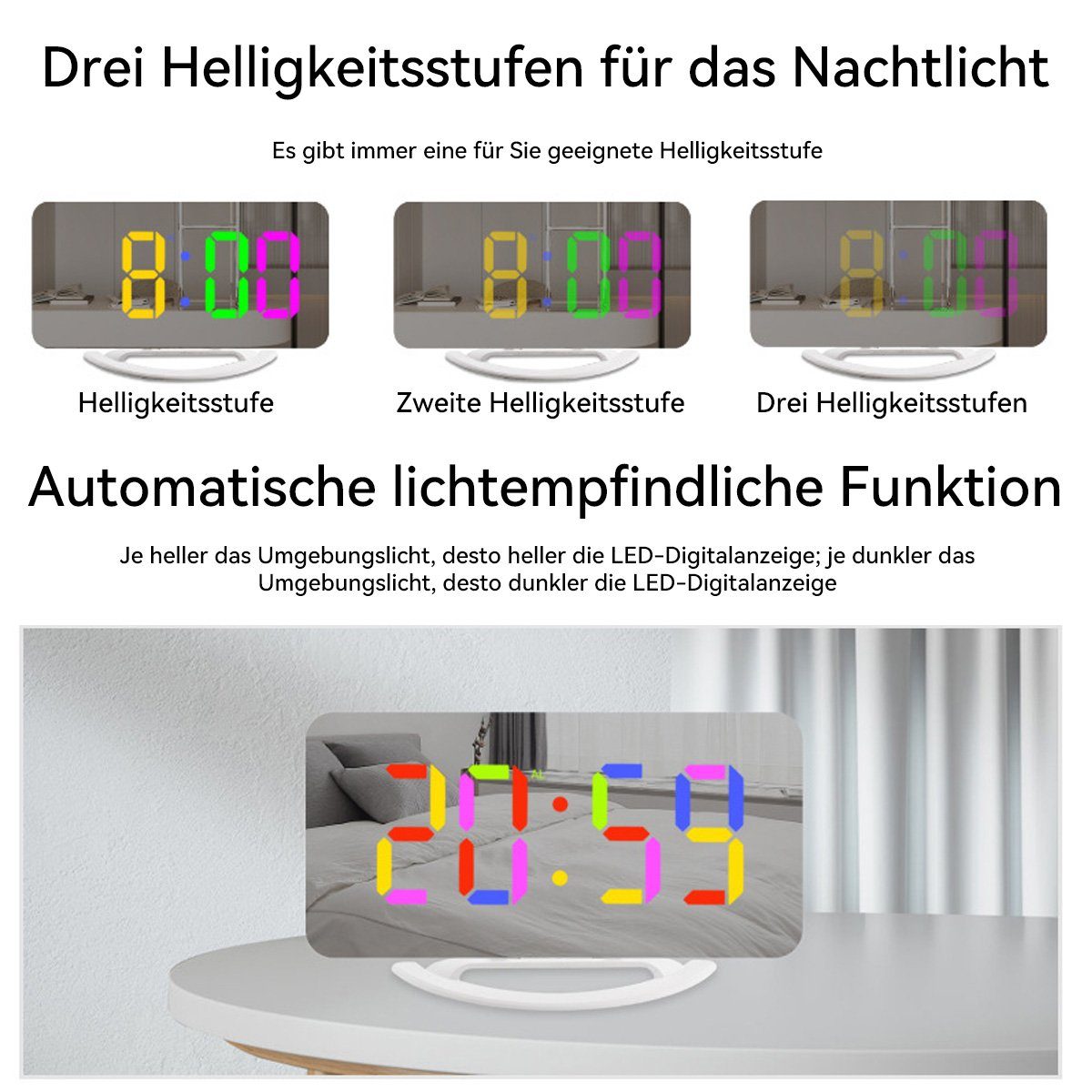 Erkennung DOPWii Spiegelwecker, 7-farbiger automatischer mit RGB-LED-Wecker Wecker