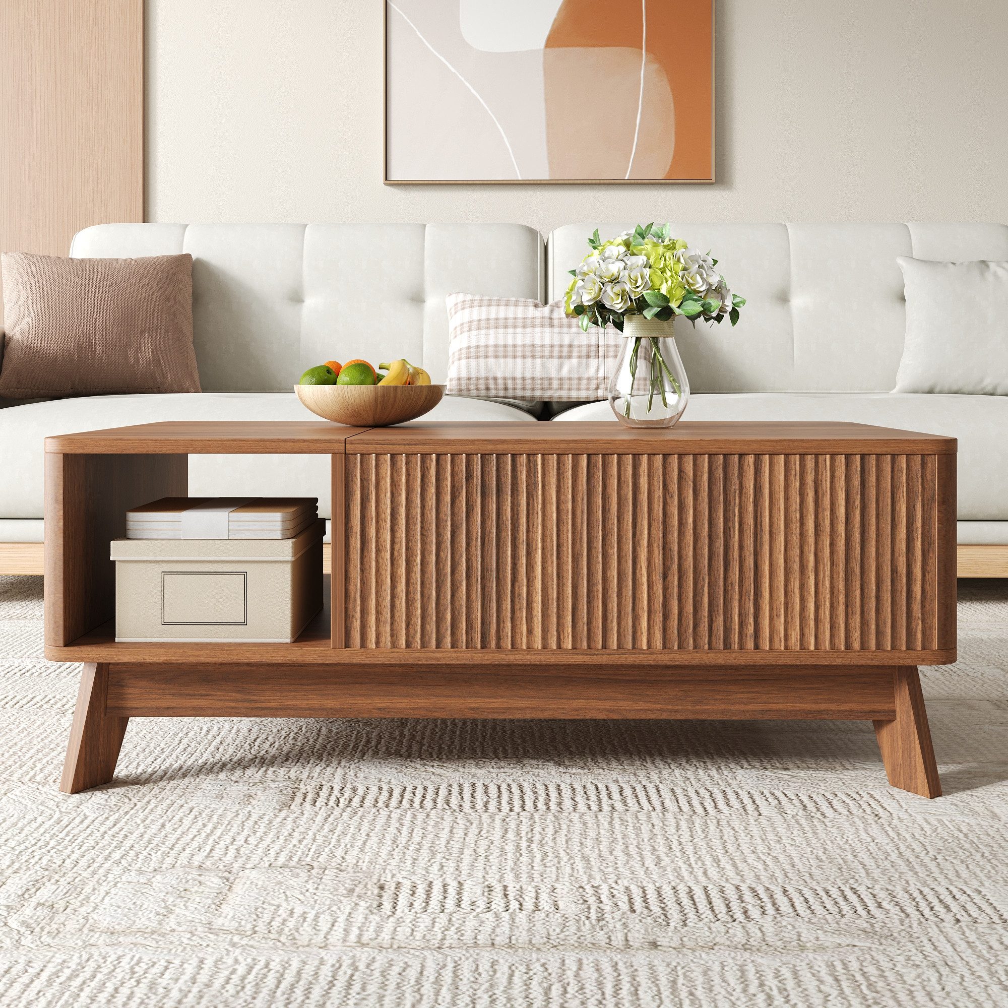 REDOM Couchtisch 95x50x48 cm mit Hubfunktion in Nussbaum (Packung, 1-St., Offenes Seitenfach für zusätzlichen Stauraum, Wellenoptik), Offenes Seitenfach für zusätzlichen Stauraum, MDF-Material