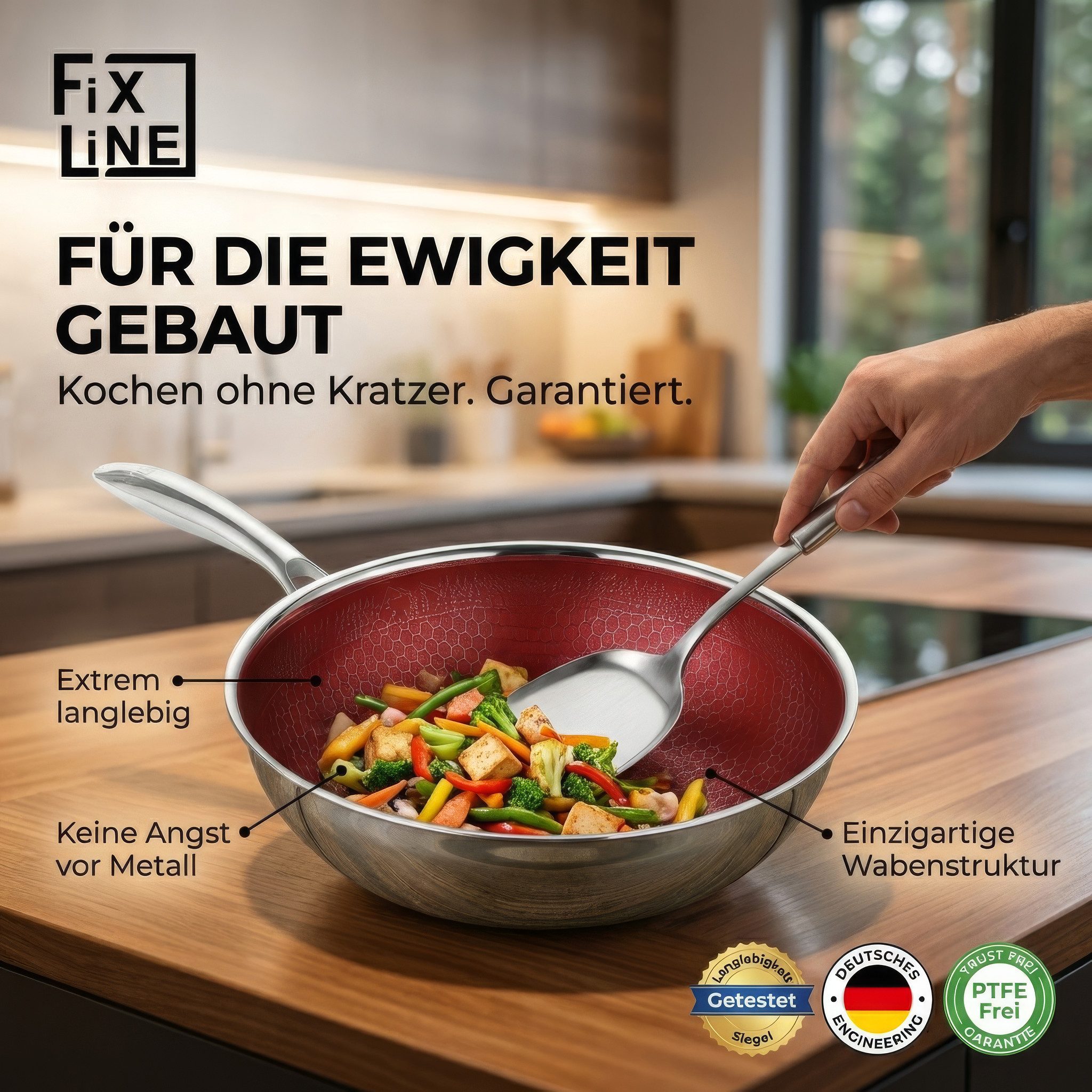 FIXLINE Wok Pfanne 28cm BLACK FOREST Edition Kratzfeste Beschichtung Induktion, Edelstahl (Einzel, 1 Wok Pfanne), Perfekte Geschenk Idee