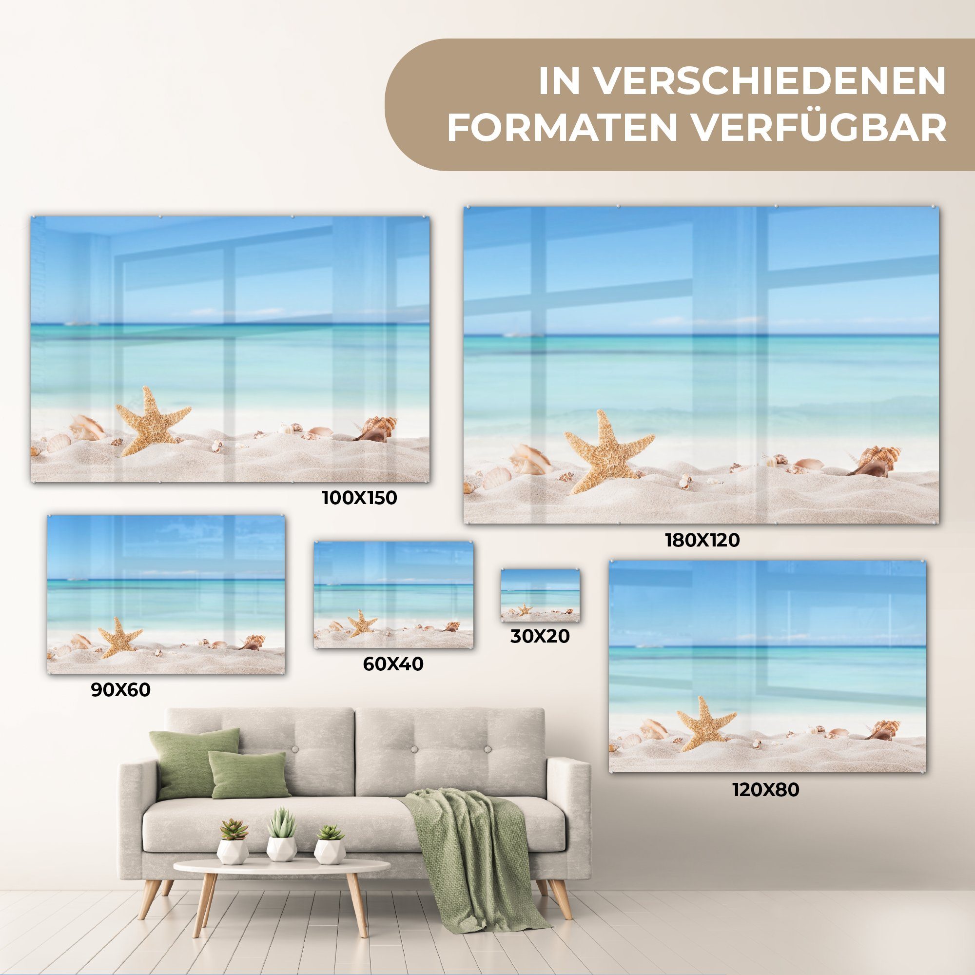 Seesterne, Glas - Glasbilder Wanddekoration - St), (1 Muscheln auf Bilder - Glas Strand - Meer Acrylglasbild Foto - Wandbild auf MuchoWow -