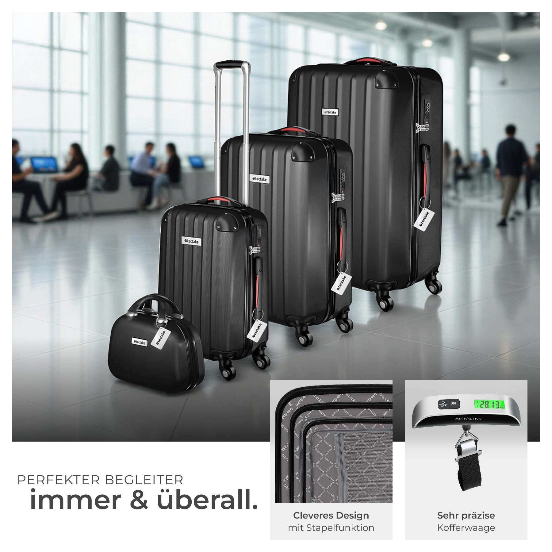 tectake Trolley Reisekoffer-Set, inkl. Kofferwaage und -anhänger, 4 Rollen, 1 Beauty Case, mit Teleskopgriff, mit Sicherheits-Zahlenschloss