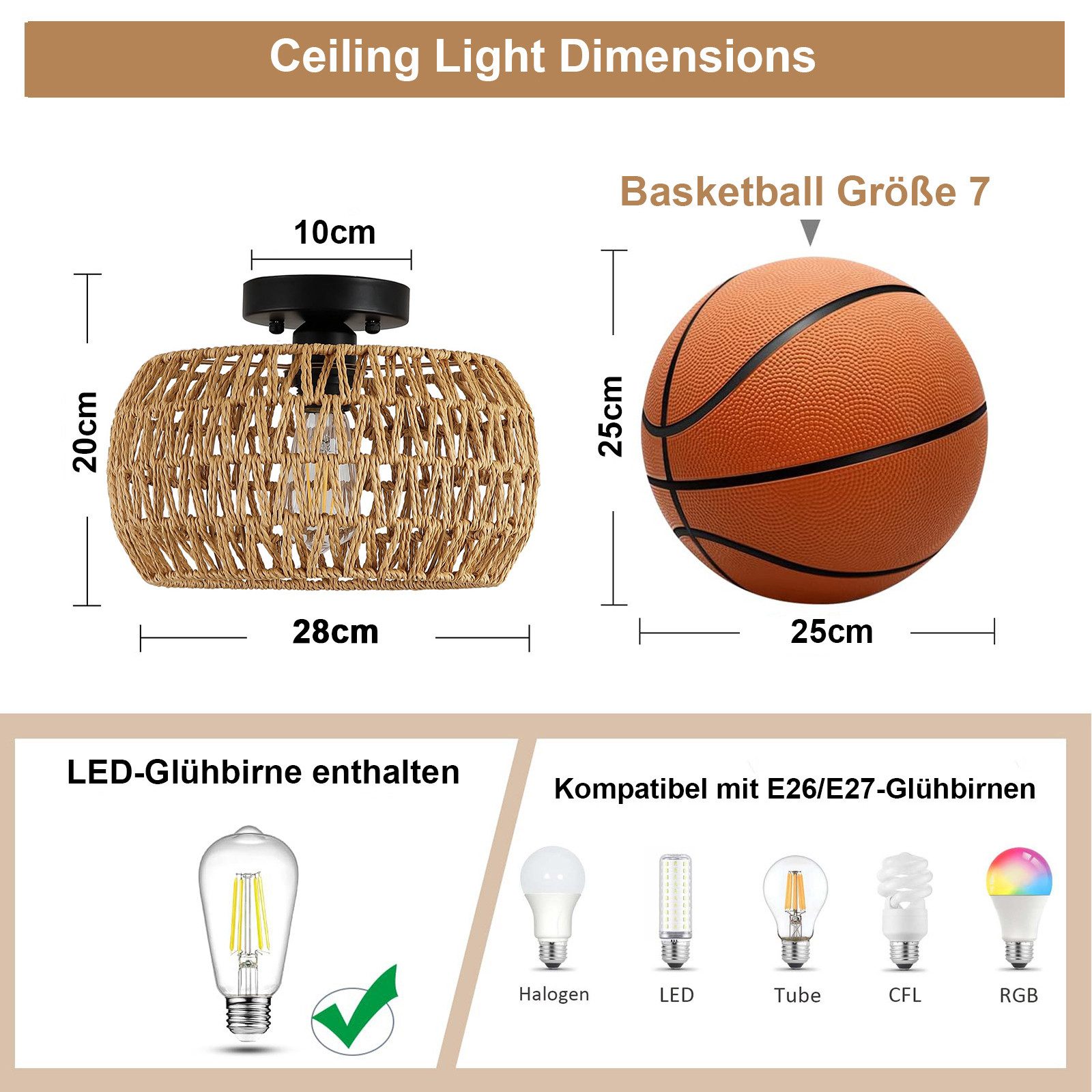 Rosnek Pendelleuchte Rattan Deckenleuchte Flush Mount mit LED, Lighting & Eye-Caring, Halogen, Für Schlafzimmer, Küche, Flur – Boho Natur Stil