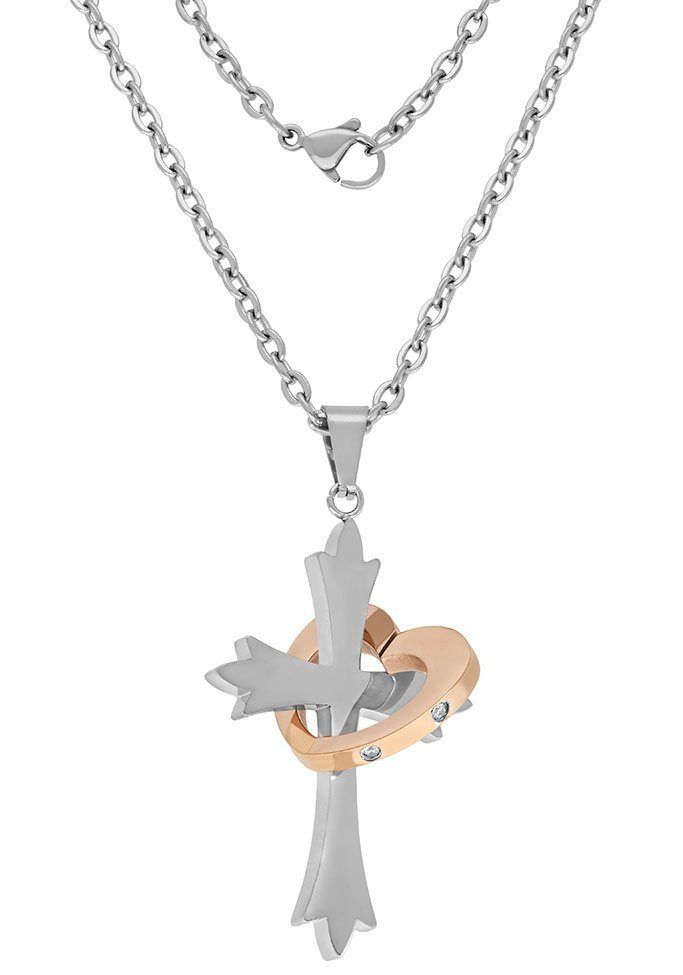 Firetti Kette mit Anhänger Halskette Schmuck Geschenk Kreuz & Herz "LIEBE" Partnerschmuck, mit Zirkonia (synth)