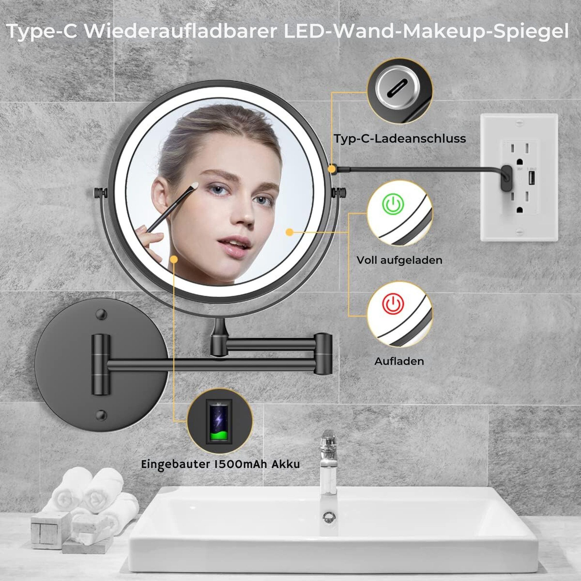 Vivitar Kosmetikspiegel Wiederaufladbarer beleuchteter Badezimmerspiegel, 1 günstig online kaufen
