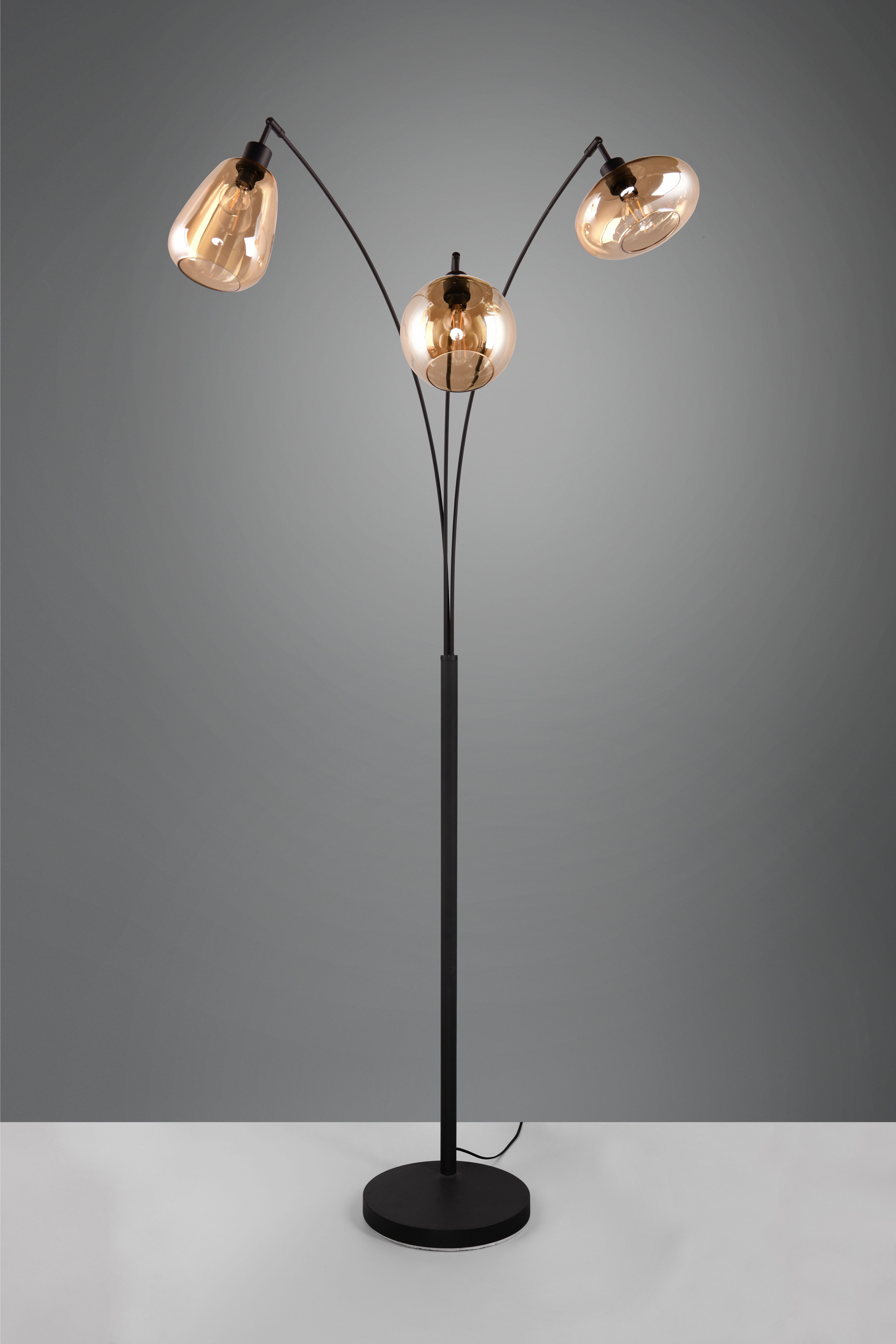 TRIO Leuchten Stehlampe Lumina, gebogene Stehleuchte mit Glasschirmen exkl 3xE14 max 10W, Leuchtmittel wechselbar, warmweiß - kaltweiß, amberfarbige Gläser in 3 Formen, Fußschalter, Bogenleuchte Höhe 200 cm