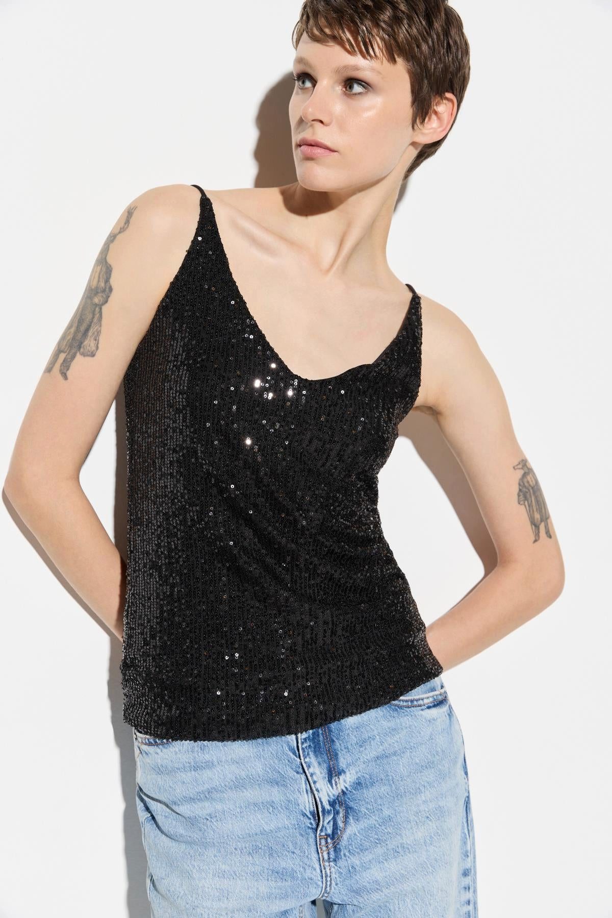 Blusentop Paillettenbluse mit Trägern