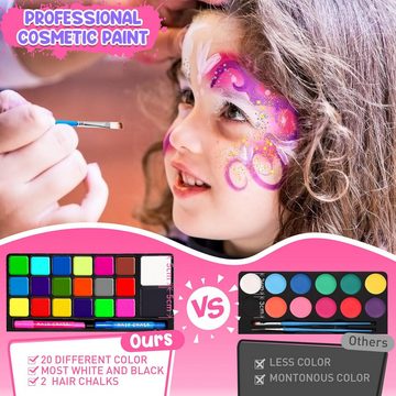 POPOLIC Schmink-Set Gesichtsbemalung für Kinder, 1-tlg., 20-Farben-Malset für Kinder mit Haarkreide, Professionelles Gesichtsbemalungsset