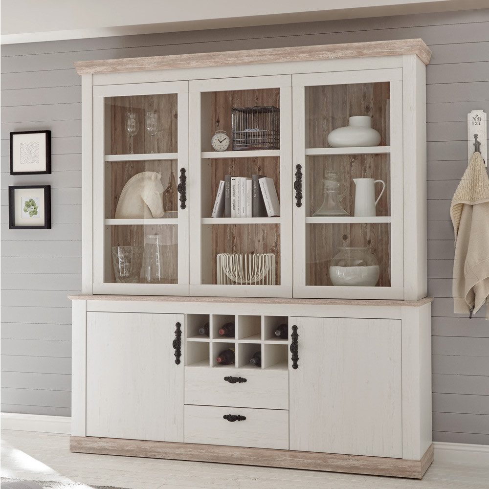 Lomadox Buffet FERNA-61 Pinie weiß und Oslo dunkel Nb. inkl. LED 184x205x44 günstig online kaufen