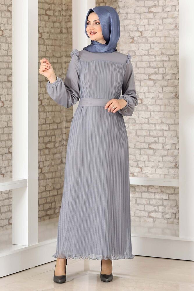 Modavitrini Abendkleid Damen Lady Kleid mit Schulterdetail Abiye Abaya Hijab Kleid Schulterdetail, Falten-Optik Grau
