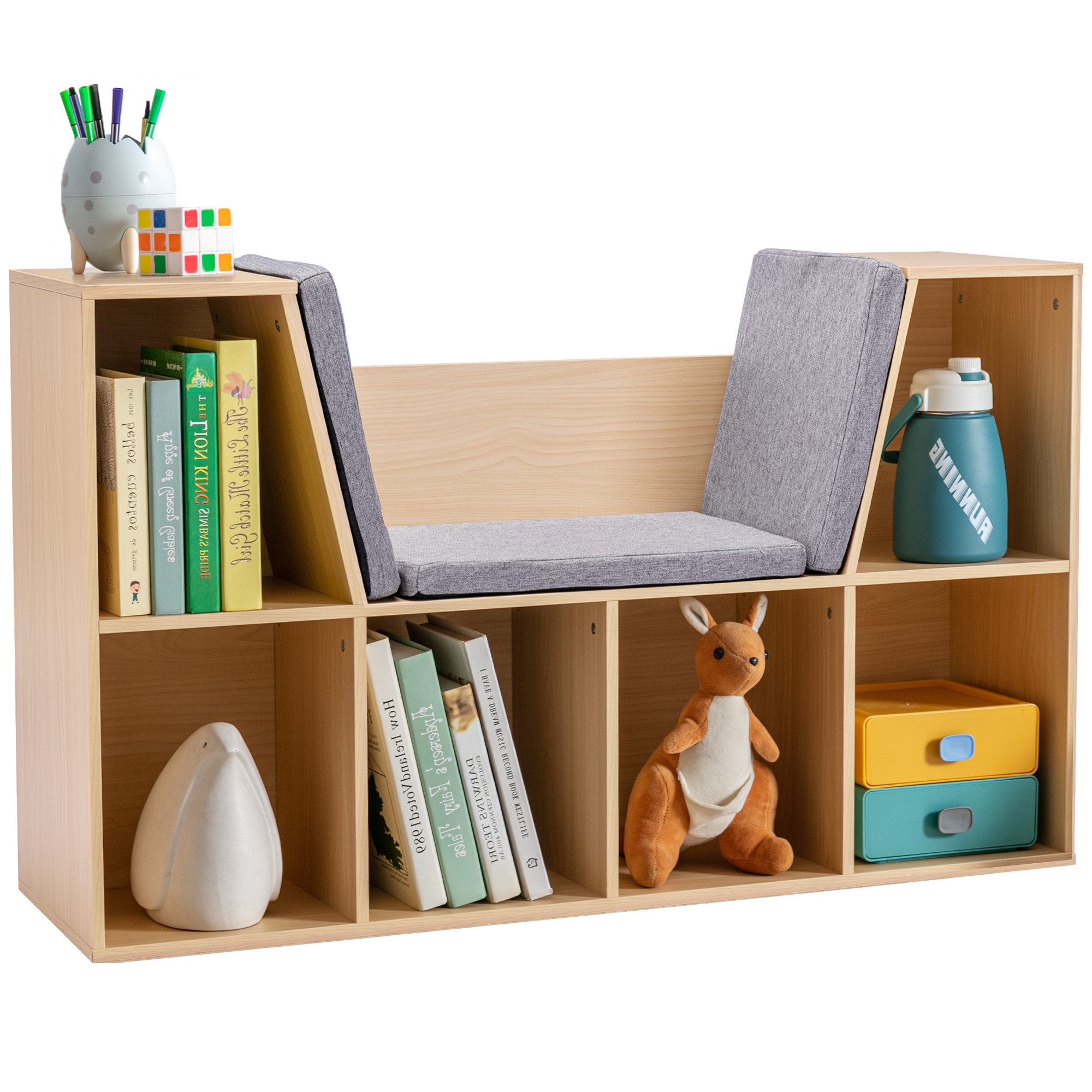 HOMCOM Kinderregal Kinder Spielzeugregal für Spielzimmer 103 x 30 x 62 cm, Bücherregal mit Sitzhocker 1-tlg., mit 6 Fächern, 3 Kissen, für Kinderzimmer, Wohnzimmer, Naturholz