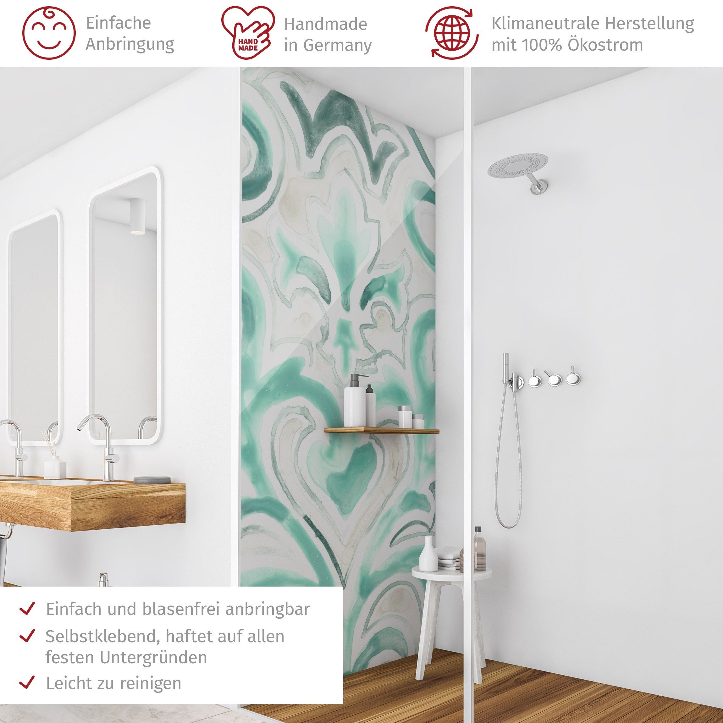 Thumbnail - Bilderdepot24 Badrückwand Aquarell türkis Duschrückwand ohne Bohren Dusche Muster, (1-tlg., Hart-Folie Smart matt 0,35 m...