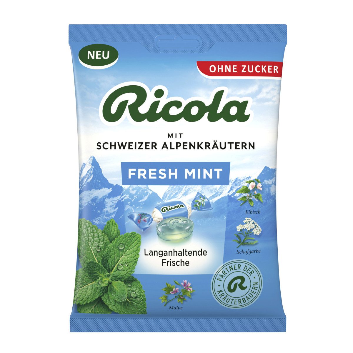 RICOLA Süßigkeit, Ricola Fresh Mint ohne Zucker Schweizer Kräuterbonbon mit Minze 75g