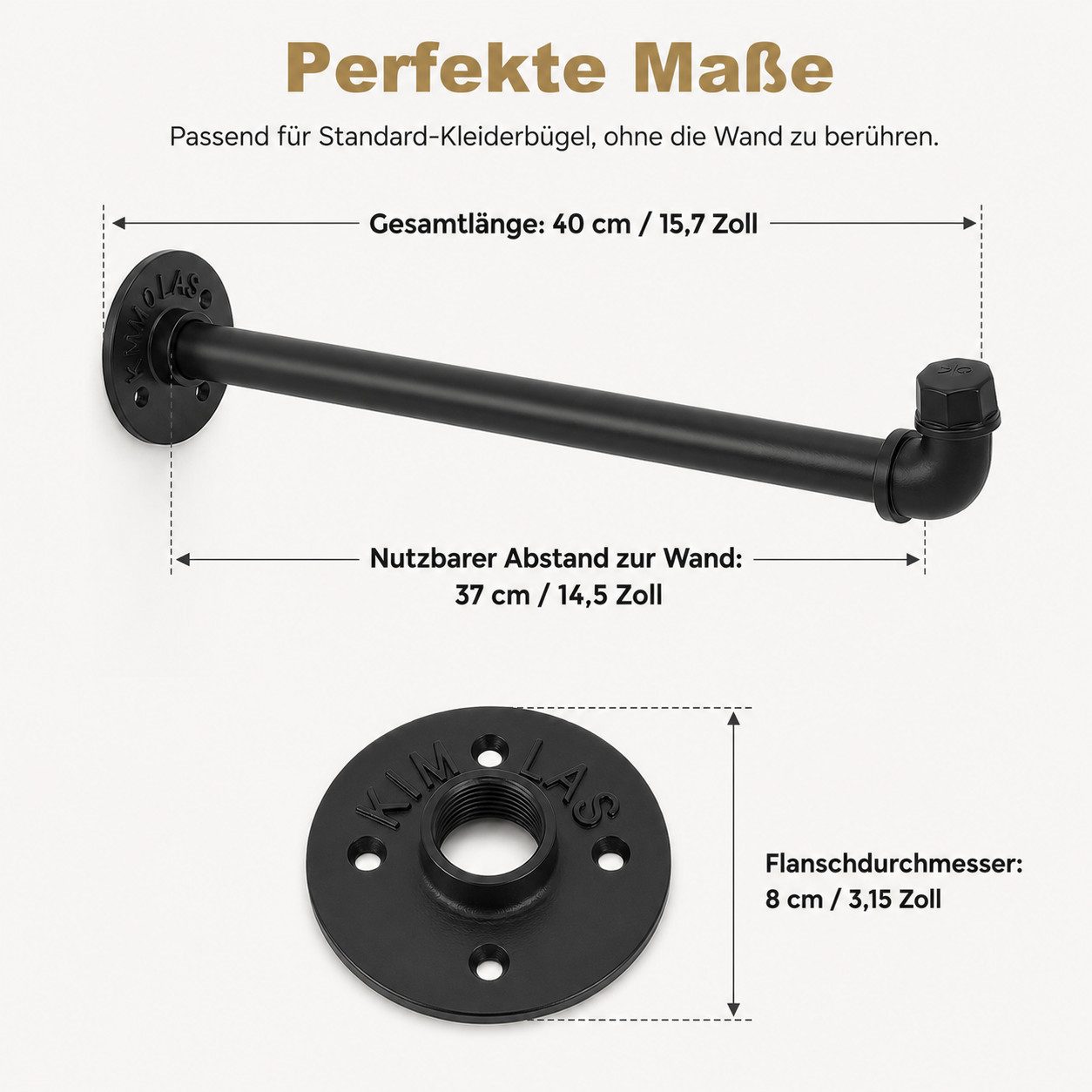 BlingBin Kleiderstange Wandmontage 4er Set, 40 cm, Schwarz (Eisenrohr Garderobe, 4 St., Kleideraufhängung), Industrierohr Garderobenhalter wand, für Schlafzimmer Wohnzimmer