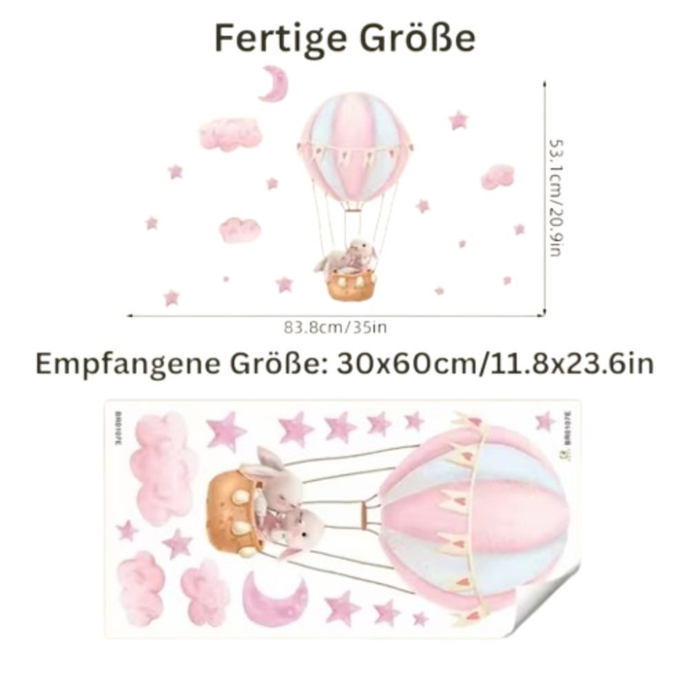 Montegoni Wandsticker Hasen Heißluftballon Wandsticker Babyzimmer Wandtattoo Mädchen (Einzelbogen Set, 1er Set Hasen Wandsticker), Selbstklebend, abnehmbar, was – Bild 2 von 3