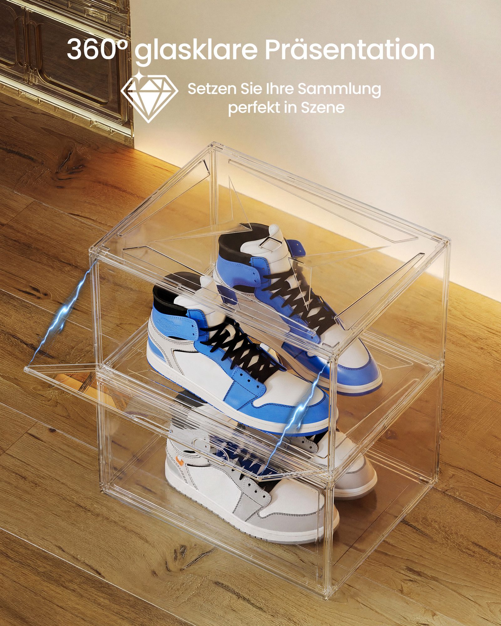 SONGMICS Schuhbox Stapelbare Schuhboxen, transparent, mit Magnettür, für Schuhe bis Gr. 47, 3er/6er Set