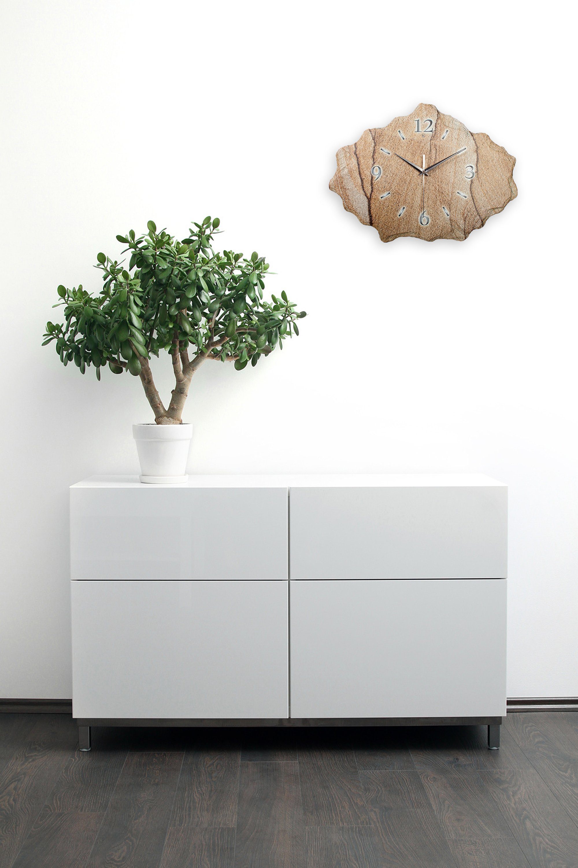 Kreative Feder Wanduhr Design-Wanduhr aus Stein (Beton) „Marmor-Optik beige“ (Funk- oder Quarzuhrwerk; ohne Ticken; elegant, außergewöhnlich, modern)