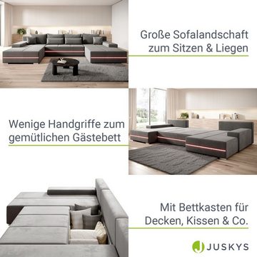 Juskys Wohnlandschaft Malbun, XXL-Liegefläche, LED-Beleuchtung, Bettkasten, gemütlicher Samt-Bezug