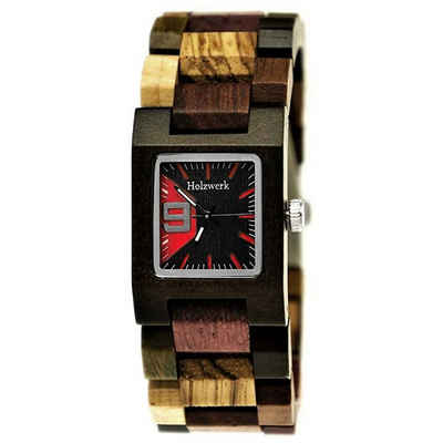 Holzwerk Quarzuhr SEESEN Damen Holz Armband Uhr, Design Eckig, braun, schwarz & rot