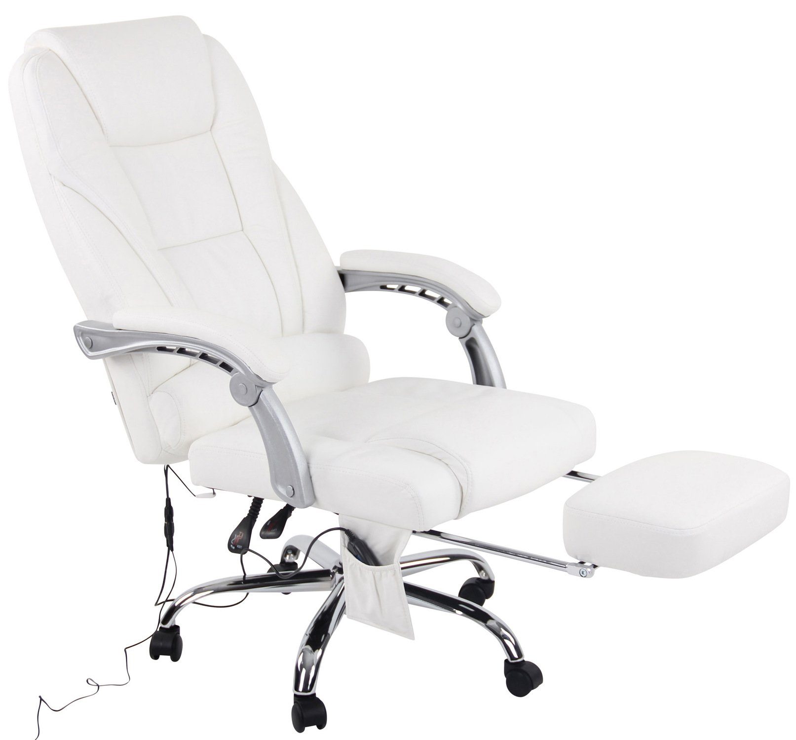 und Sitzfläche: Echtleder höhenverstellbar weiß Bürostuhl Gestell: Drehstuhl, Bürostuhl - Metall mit TPFLiving Chefsessel, (Schreibtischstuhl, chrom drehbar 360° Massagefunktion XXL), Pacira -