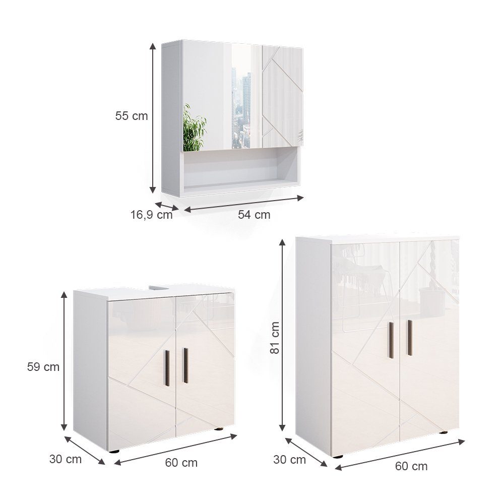 Vicco Badmöbel-Set Irma, Weiß Hochglanz, 3 Teile, mit Unterschrank 60 cm, (3-er Set, 3-St., 3er Set)