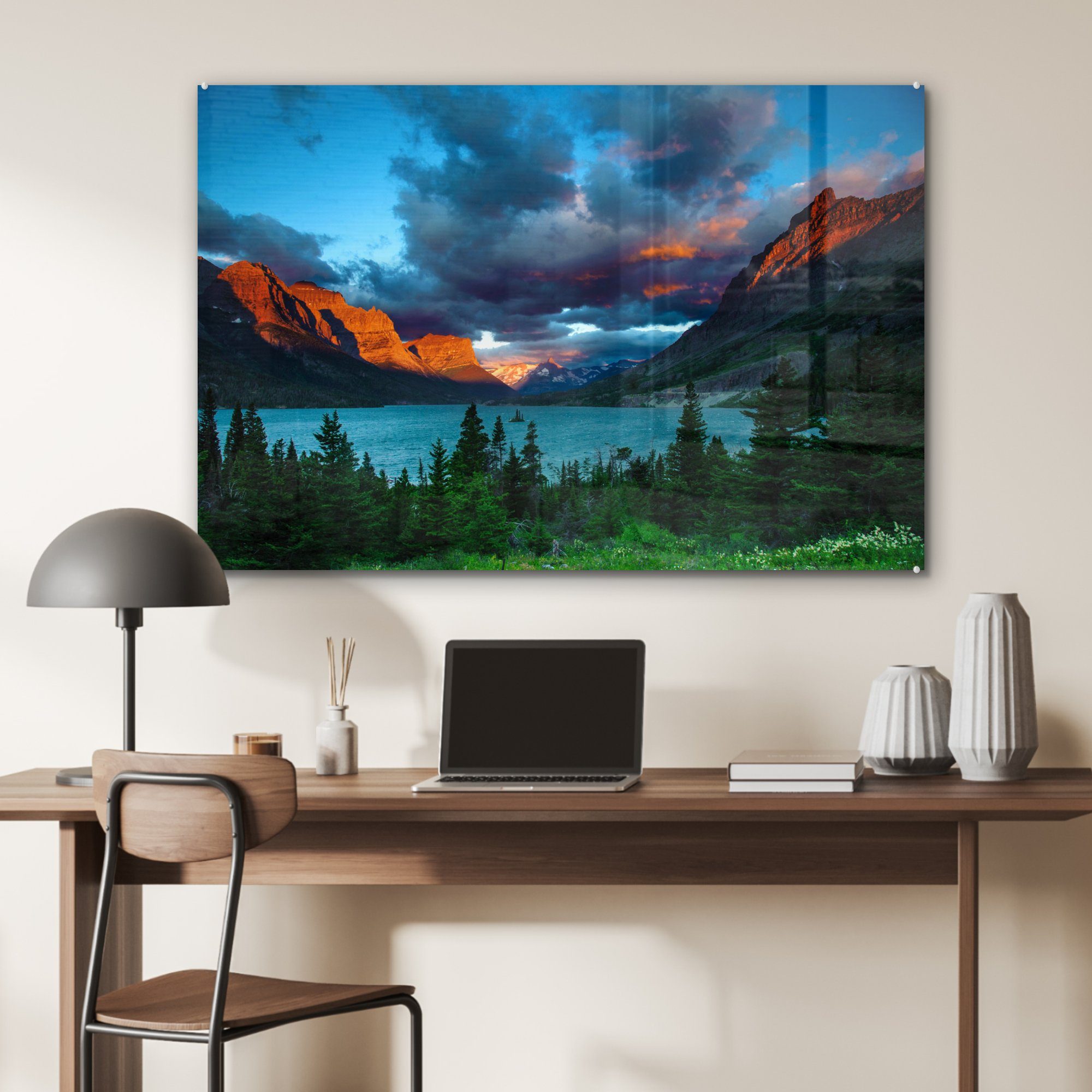 & des Die Schlafzimmer St), Park Amerika, Glacier Acrylglasbild MuchoWow Landschaft farbenfrohe National in (1 Acrylglasbilder Wohnzimmer