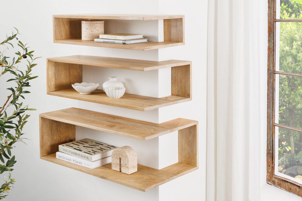 riess-ambiente Wandregal SURREAL 3er Set natur – Mango-Massivholz, lackiert, Außenecke, Set 3-tlg., offene Eckregale für Deko & Bücher – ideal für Wohn- und Arbeitszimmer