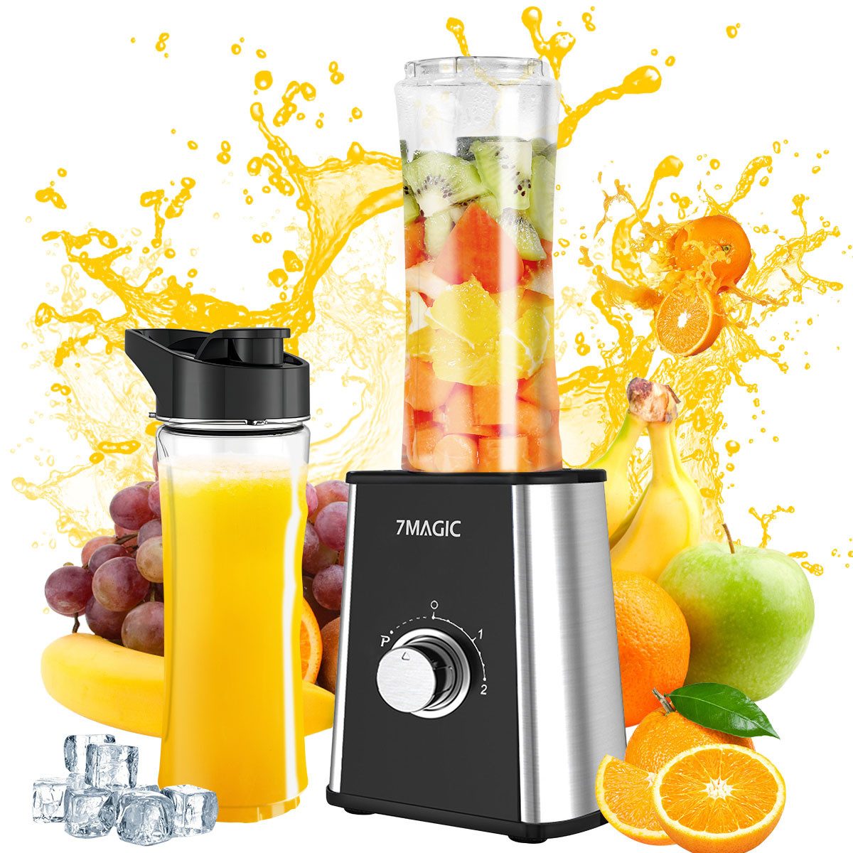 7MAGIC Standmixer Küchenmixer Smoothie-Maker, Blender Mit 600ml Reisebecher, für Zuhause, 300,00 W, Mixer, 28000 U/min, Puls-und Eis-Crush-Funktion, Schnell sauber