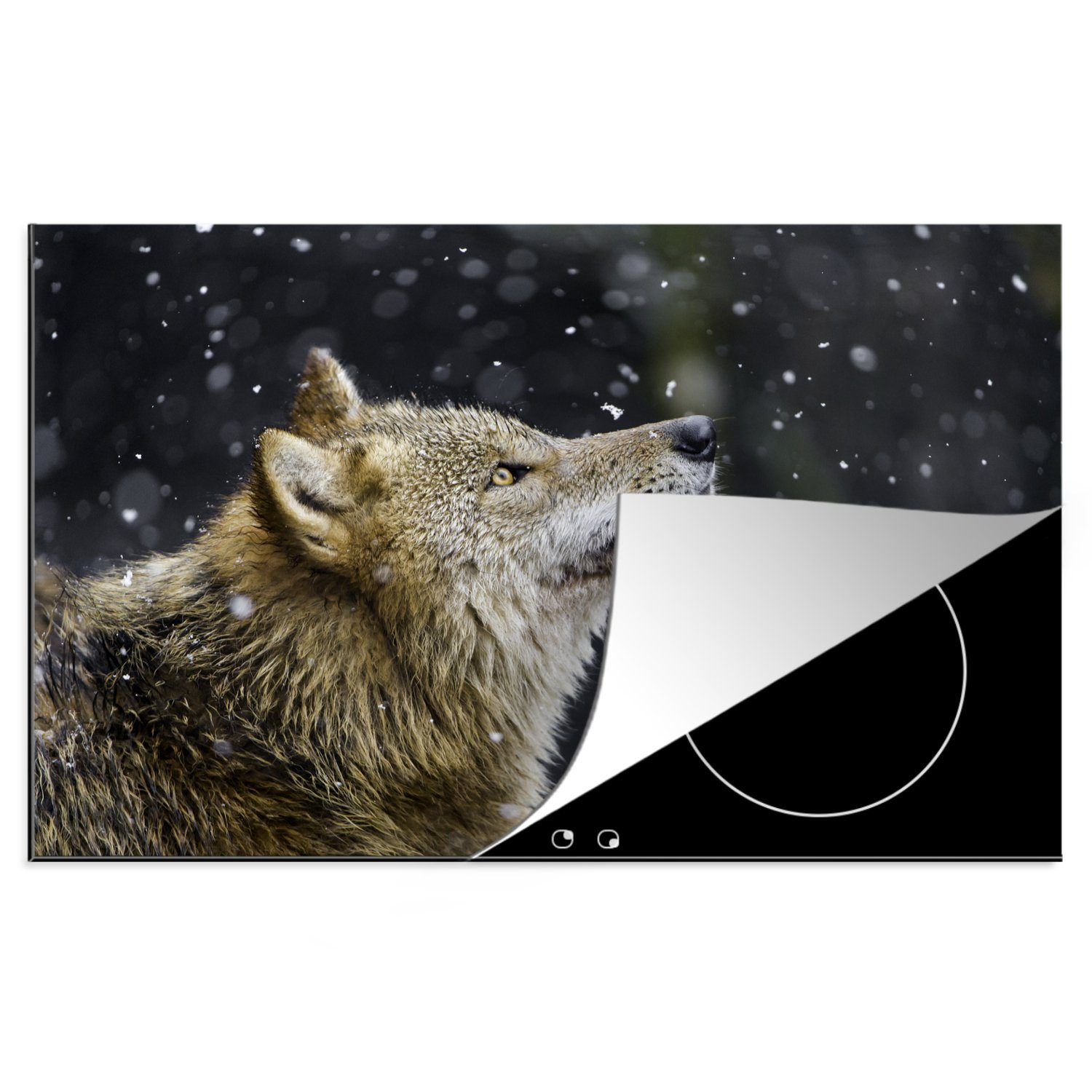 MuchoWow Herdblende-/Abdeckplatte Wolf - Fell - Schneeflocke - Winter, Vinyl, (1 tlg), 81x52 cm, Induktionskochfeld Schutz für die küche, Ceranfeldabdeckung