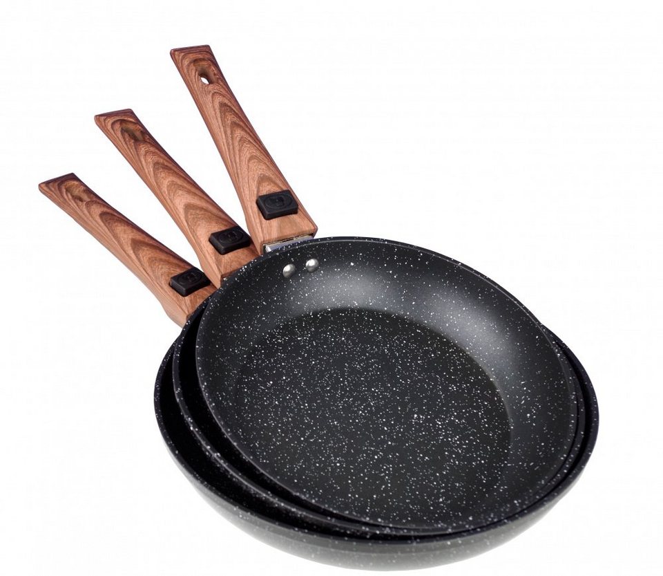 GIMEX Pfannen-Set Campinggeschirr 3 tlg. Pfannenset Black Line Holzdekor  abnehmbare Griffe Induktion geeignet platzsparend, Aluminium (3-tlg), abnehmbarer  Griff, 3 Pfannen mit ø 22 cm ø 24 cm und ø26cm