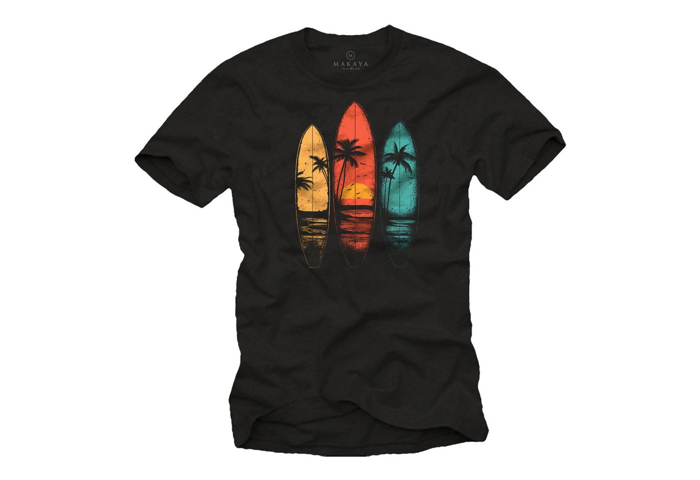 MAKAYA T-Shirt Printshirt für Männer – Retro Surfer Look mit Palmen & Sonne (Schwarz, Blau, Grün, Blaugrau, Grau, S, M, L, XL, XXL, XXXL, XXXXL, XXXXXL) Baumwolle