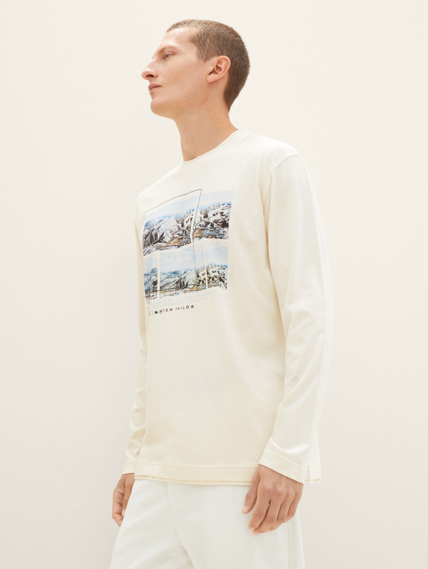 TOM TAILOR T-Shirt Langarmshirt mit Print vintage beige
