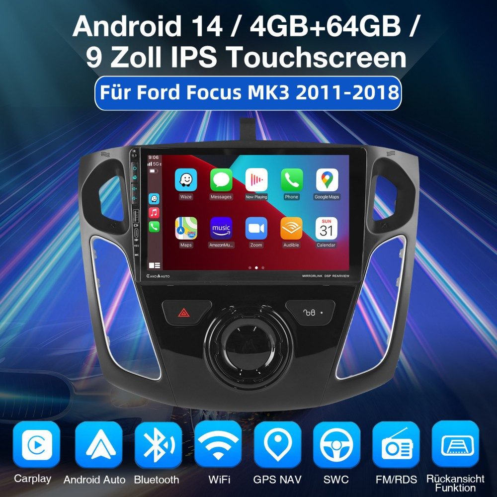 ESSGOO DAB+ 64G Für Ford Focus III MK3 11-18 Android15 Carplay GPS USB Type-C Autoradio (RDS, 4+64GB(optional), Digitalradio (DAB), FM, AM, Apple Carplay Android Auto GPS Navi WIFI BT EQ)